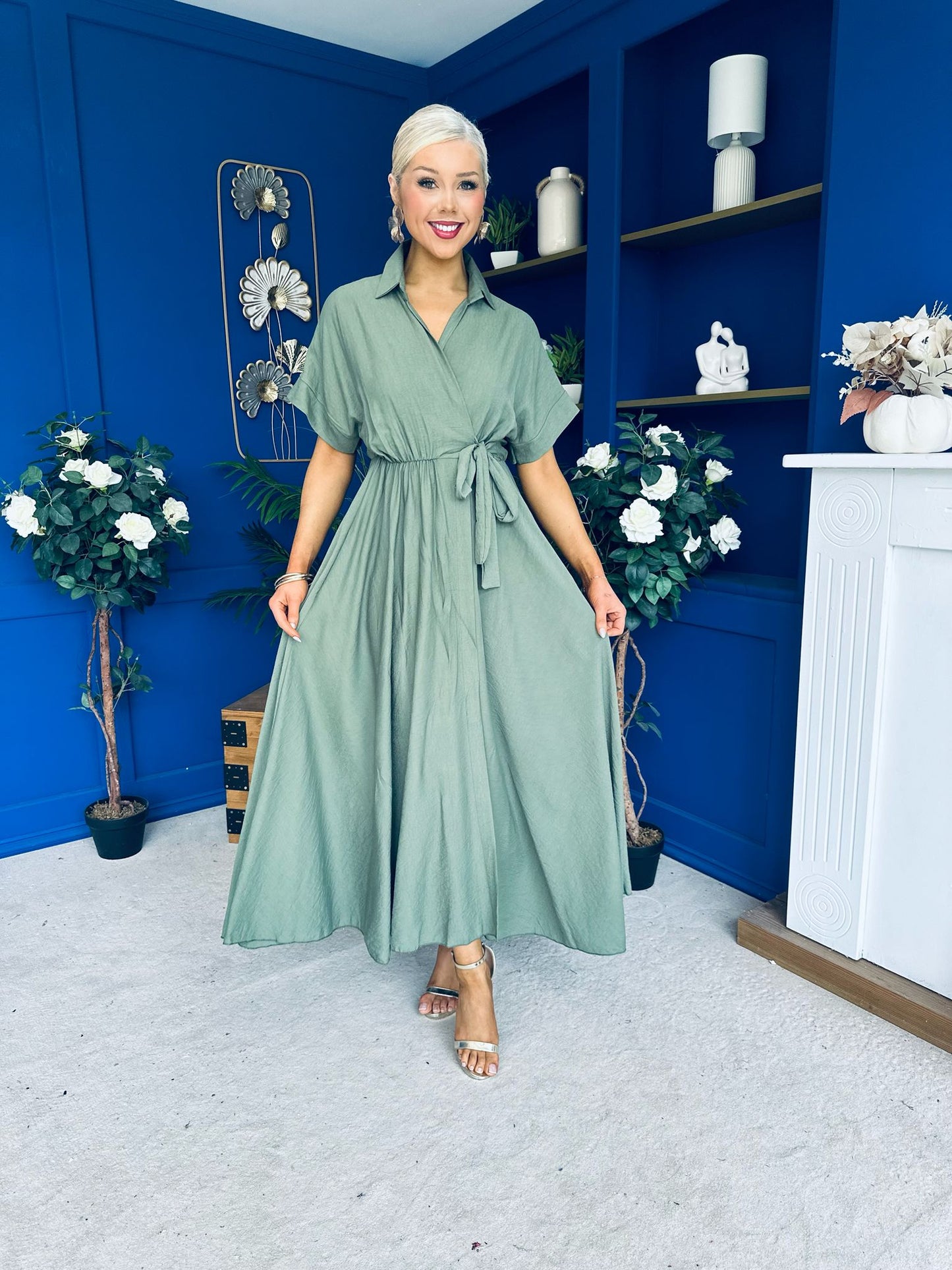Raven Angel Sleeve Wrap Maxi Dress Khaki
