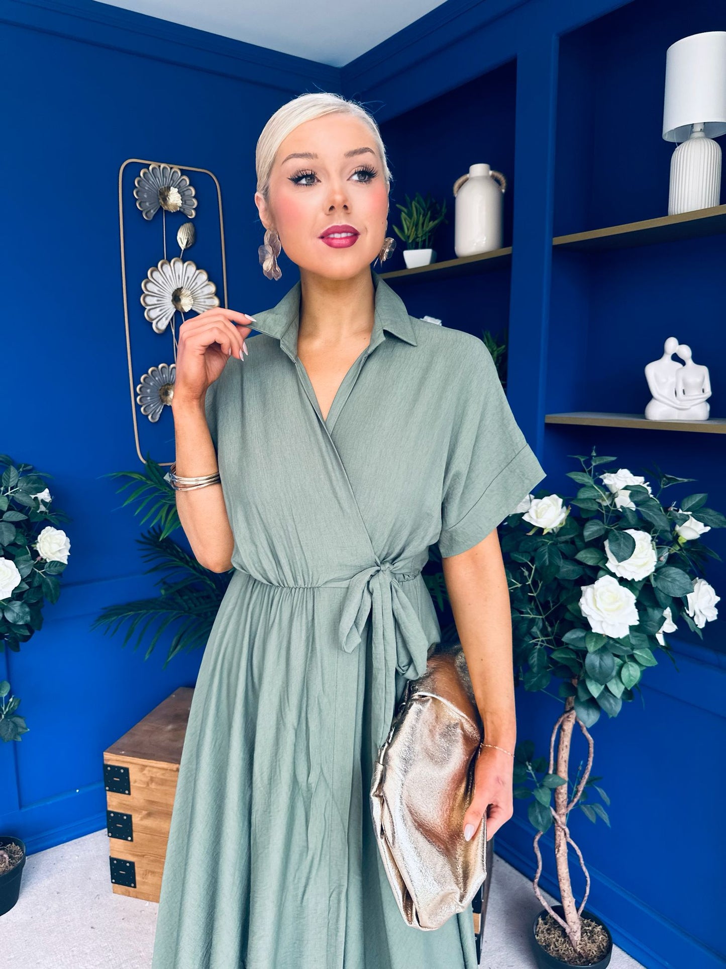 Raven Angel Sleeve Wrap Maxi Dress Khaki
