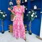 Sara Banded Midi Dress Floral Fuchsia