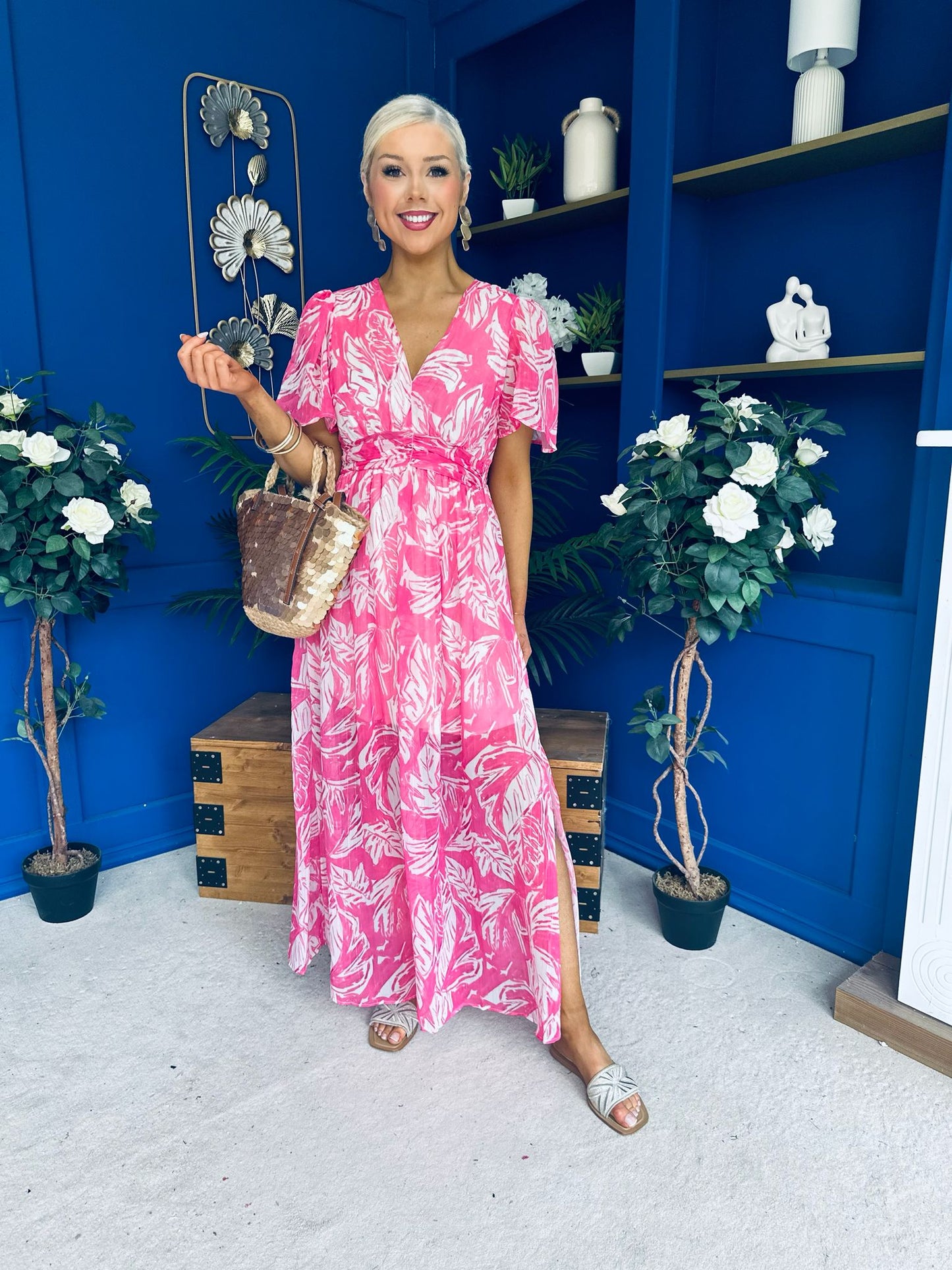 Sara Banded Midi Dress Floral Fuchsia