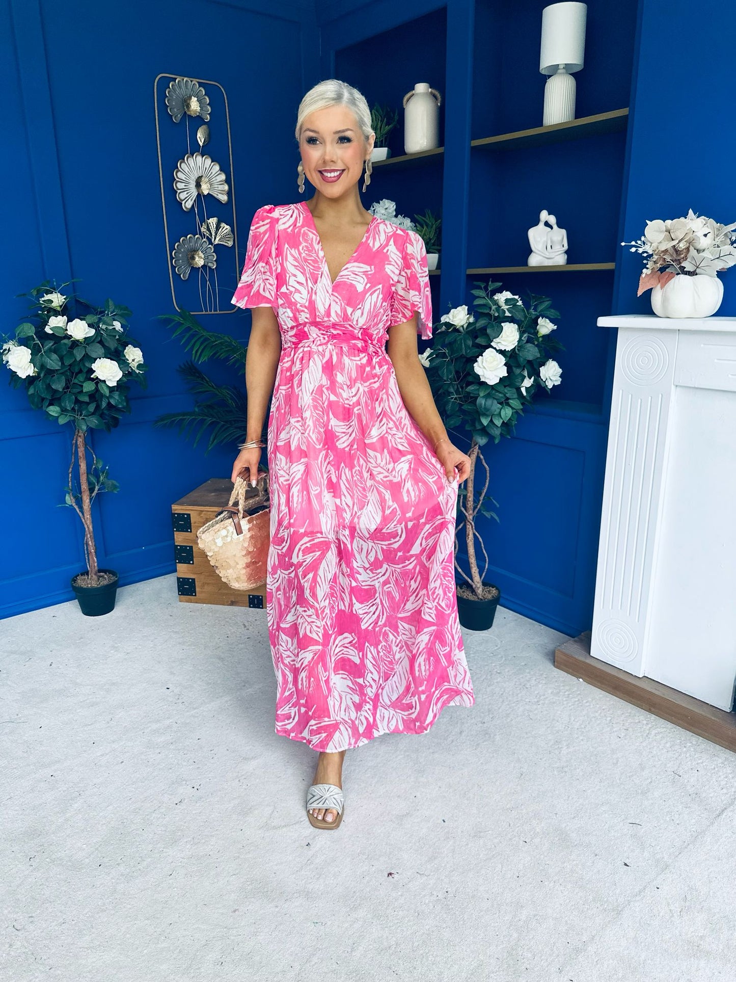 Sara Banded Midi Dress Floral Fuchsia