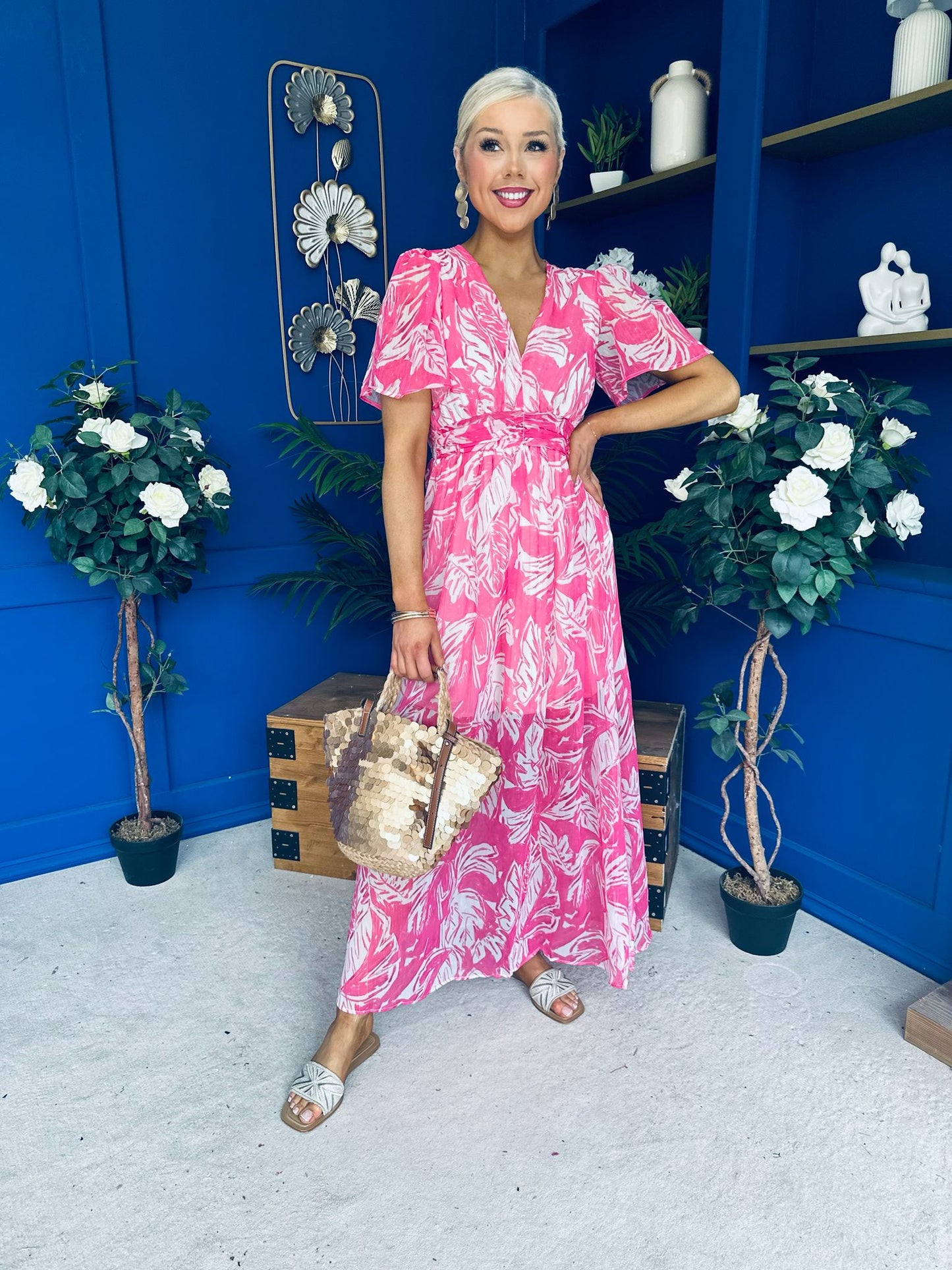 Sara Banded Midi Dress Floral Fuchsia