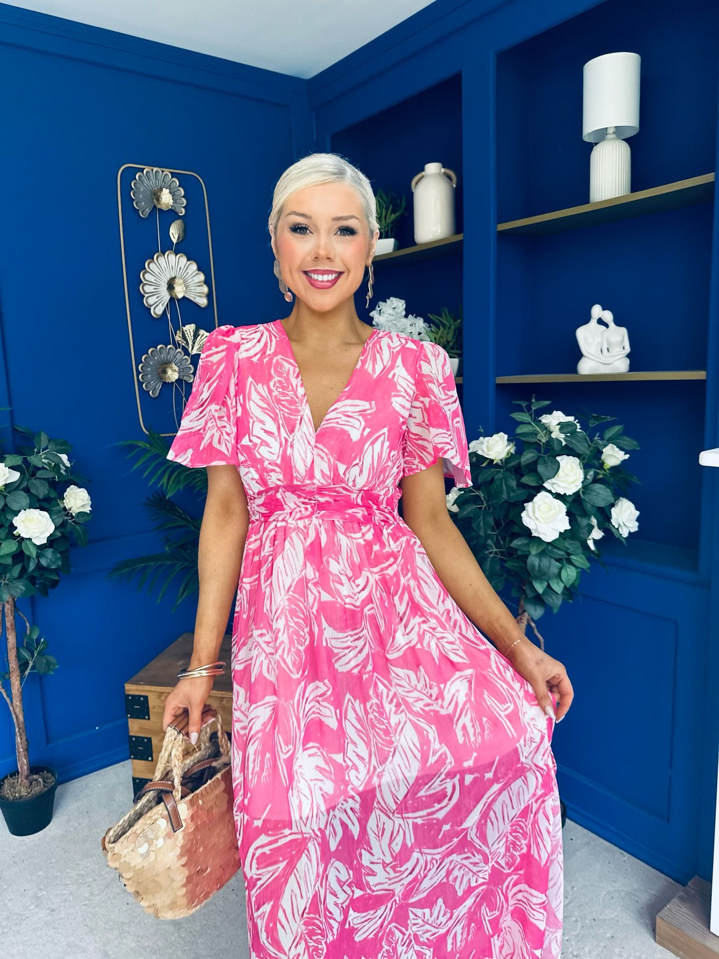 Sara Banded Midi Dress Floral Fuchsia