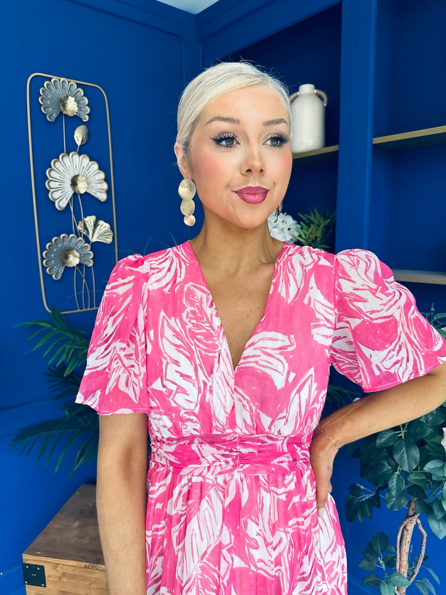 Sara Banded Midi Dress Floral Fuchsia