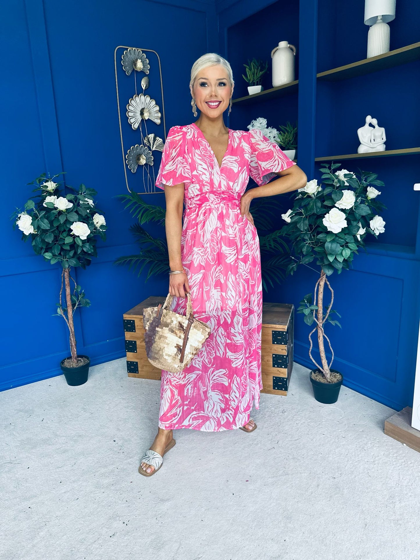 Sara Banded Midi Dress Floral Fuchsia