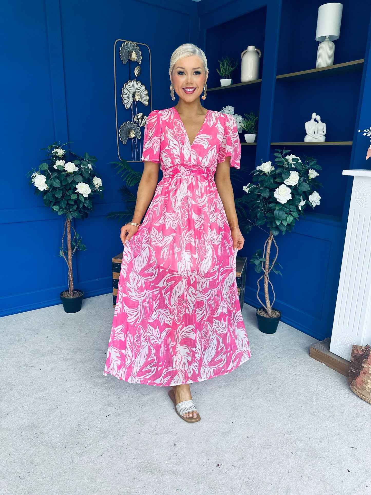 Sara Banded Midi Dress Floral Fuchsia
