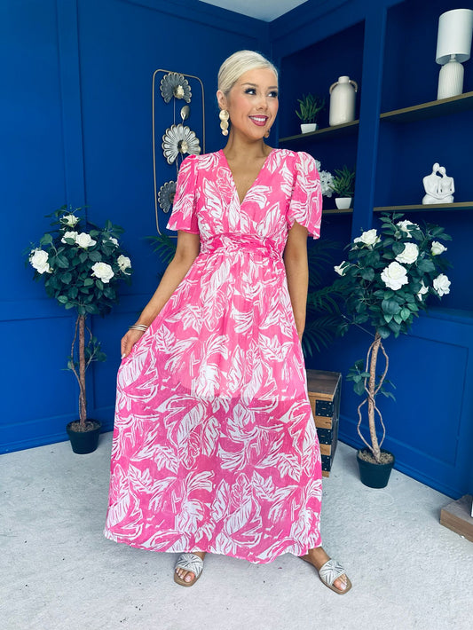 Sara Banded Midi Dress Floral Fuchsia