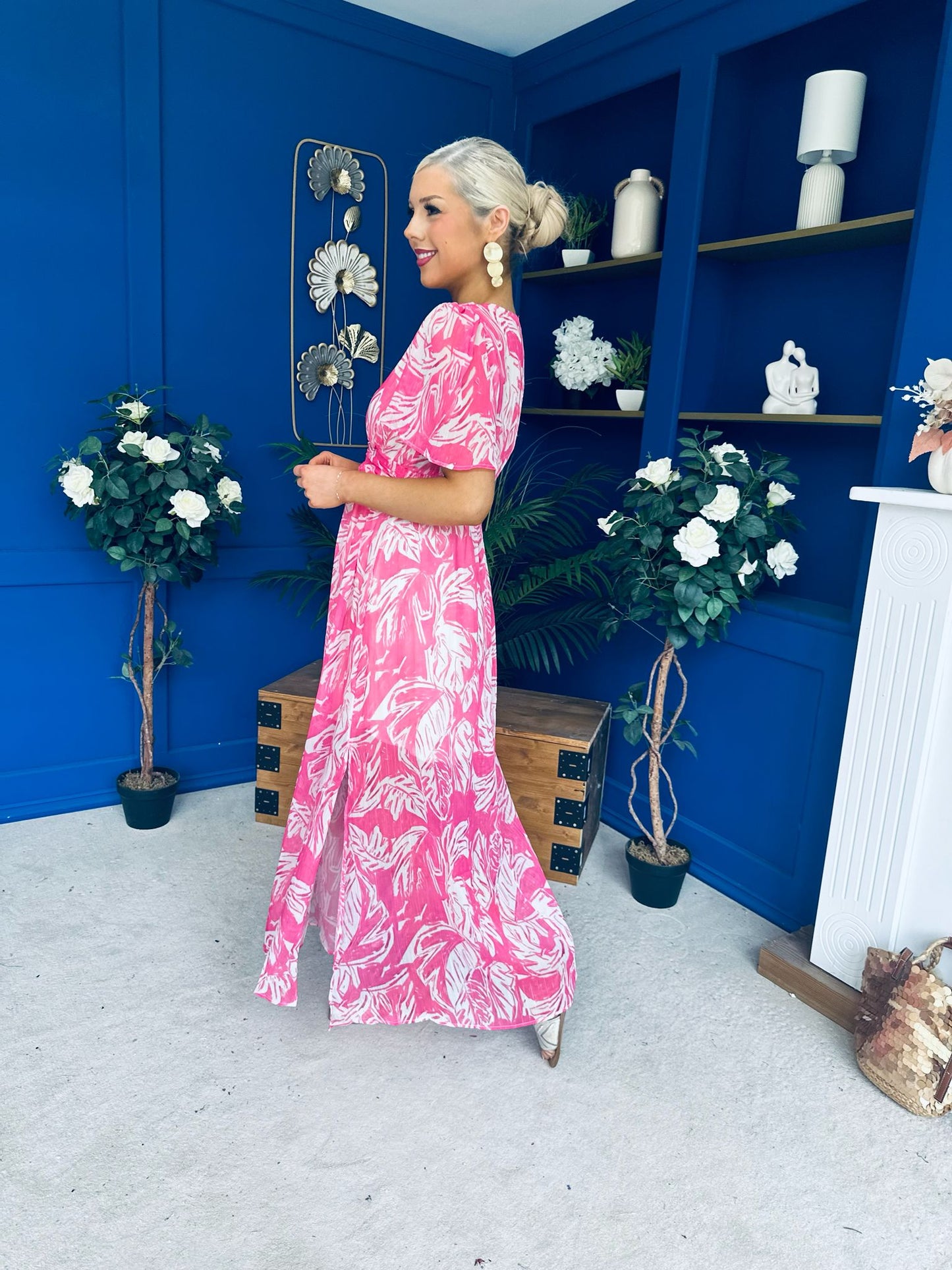 Sara Banded Midi Dress Floral Fuchsia