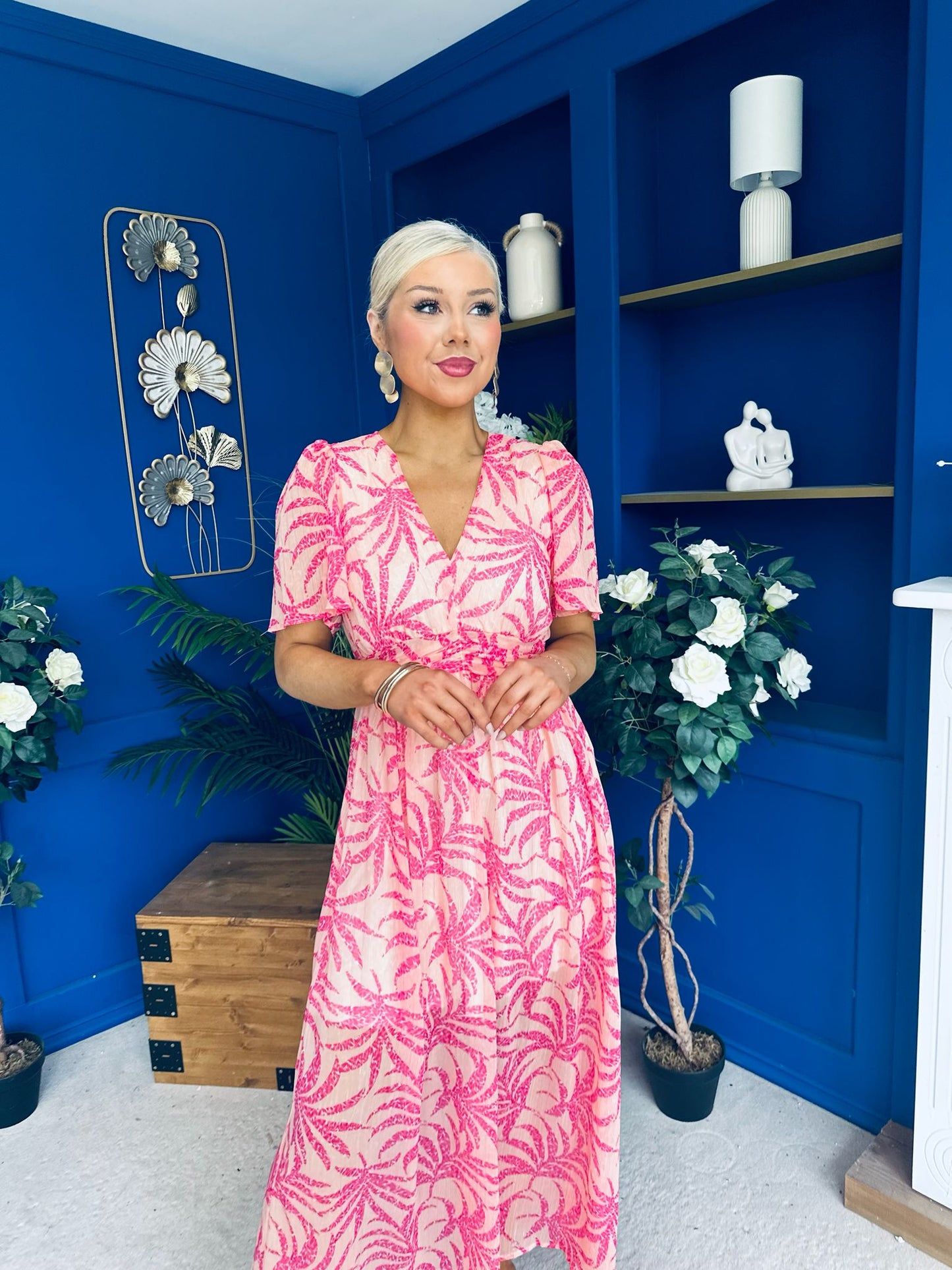 Sara Banded Midi Dress Floral Peach