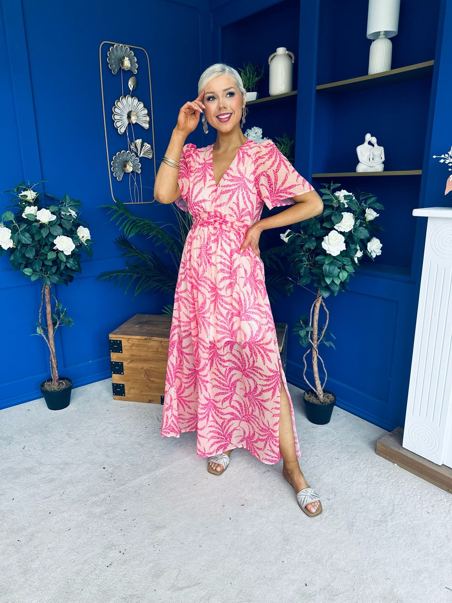 Sara Banded Midi Dress Floral Peach