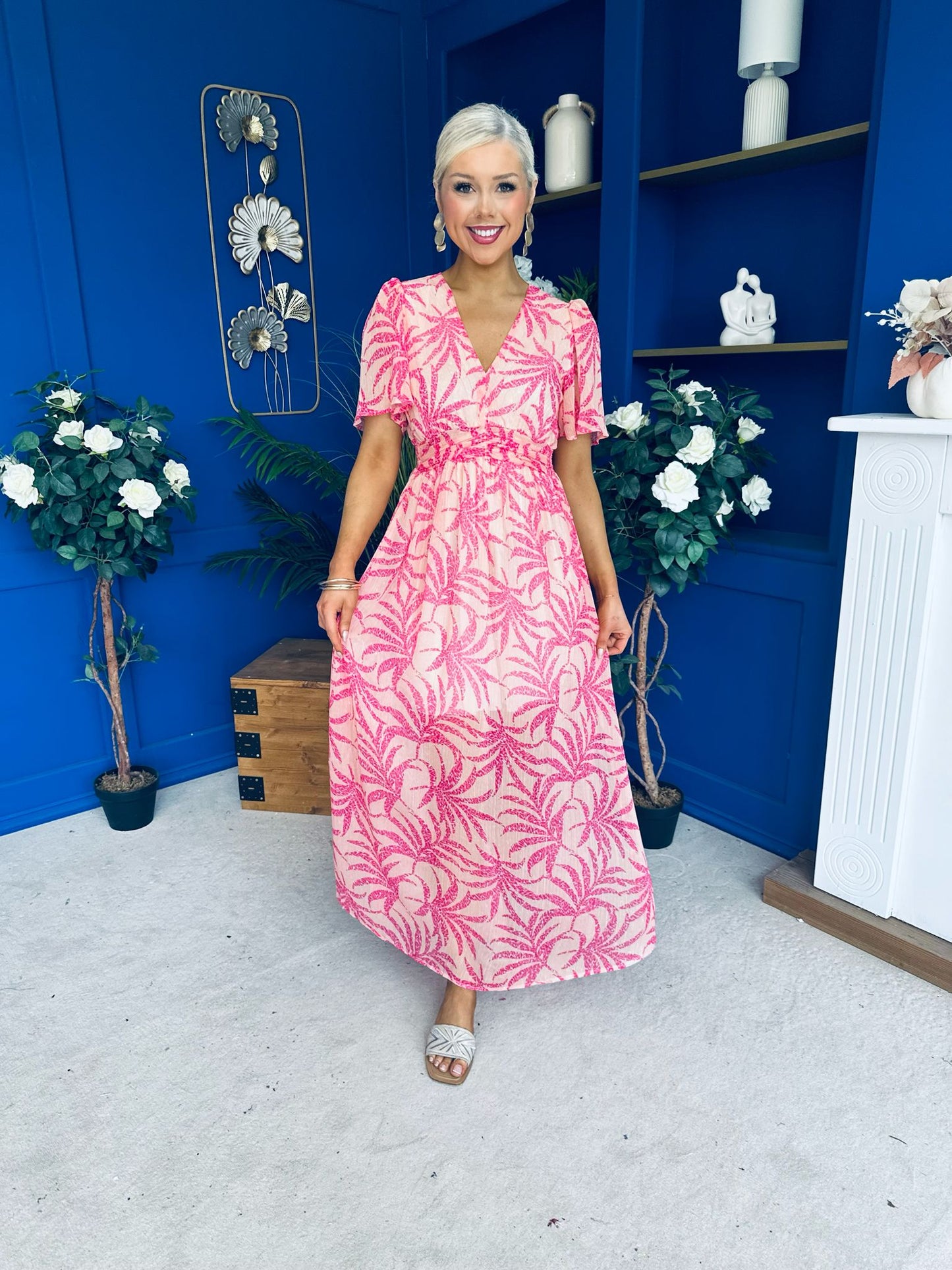 Sara Banded Midi Dress Floral Peach