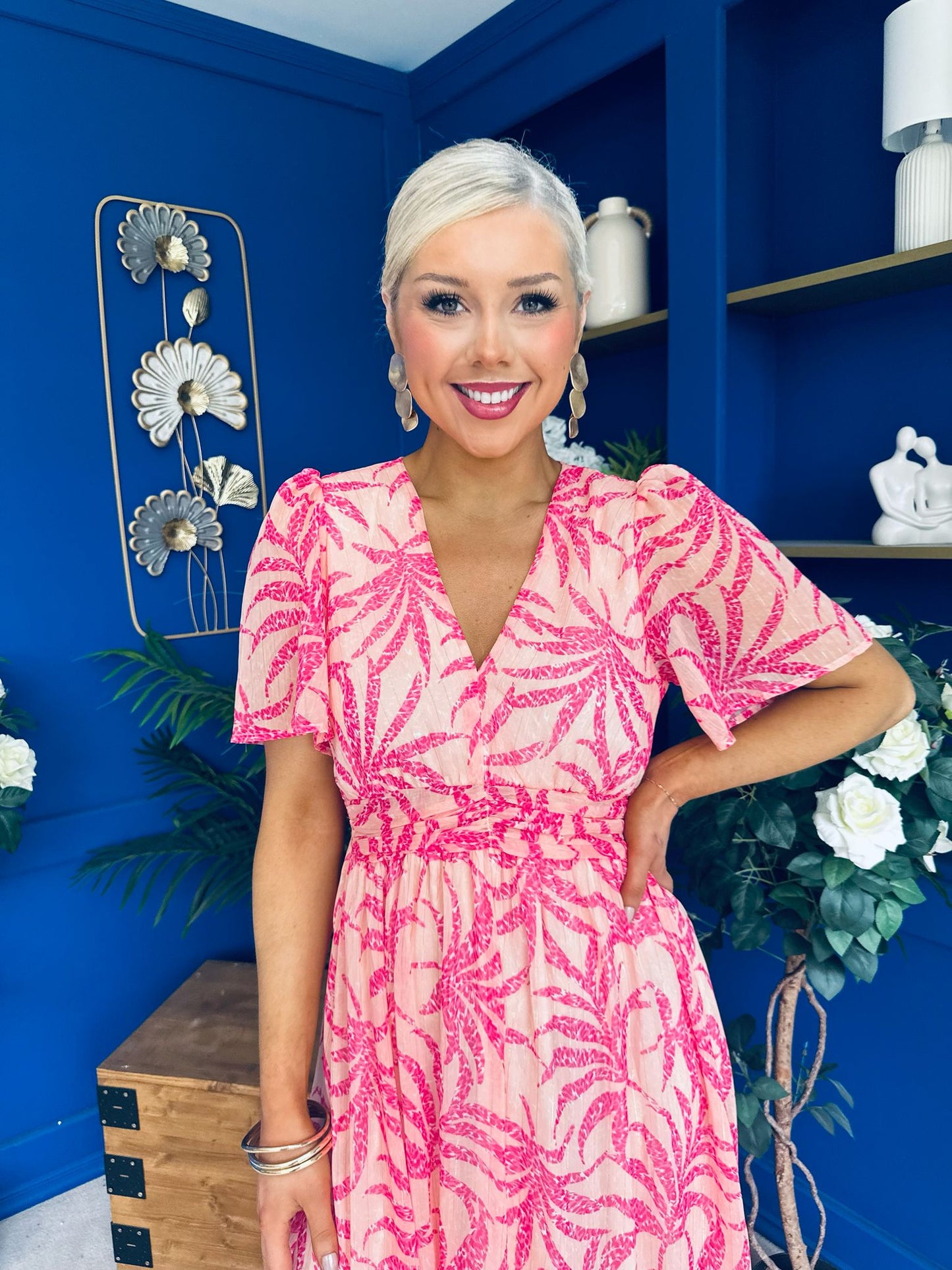 Sara Banded Midi Dress Floral Peach