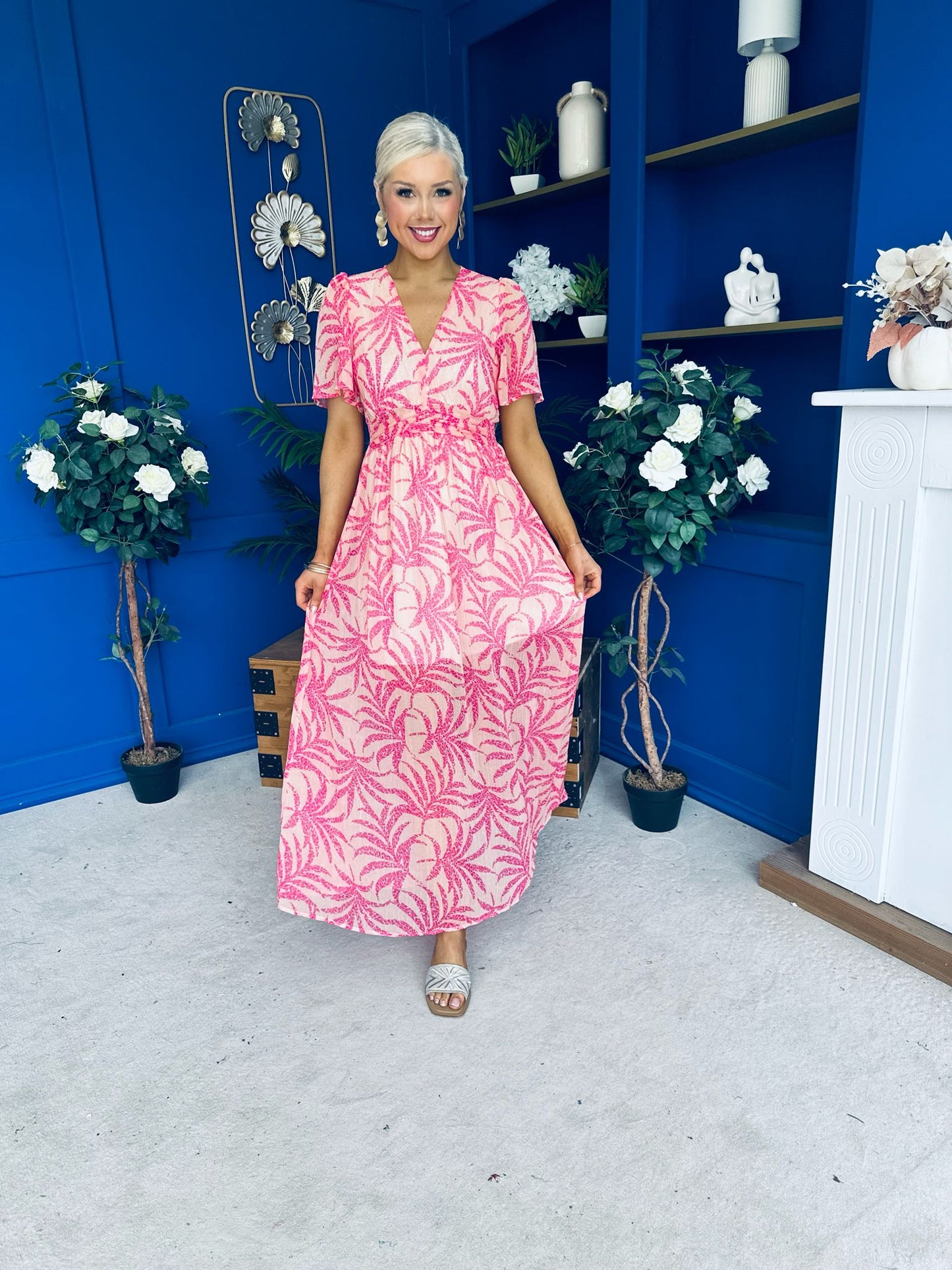 Sara Banded Midi Dress Floral Peach