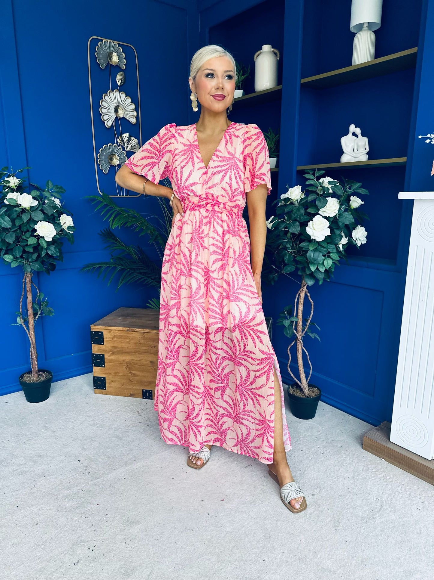 Sara Banded Midi Dress Floral Peach