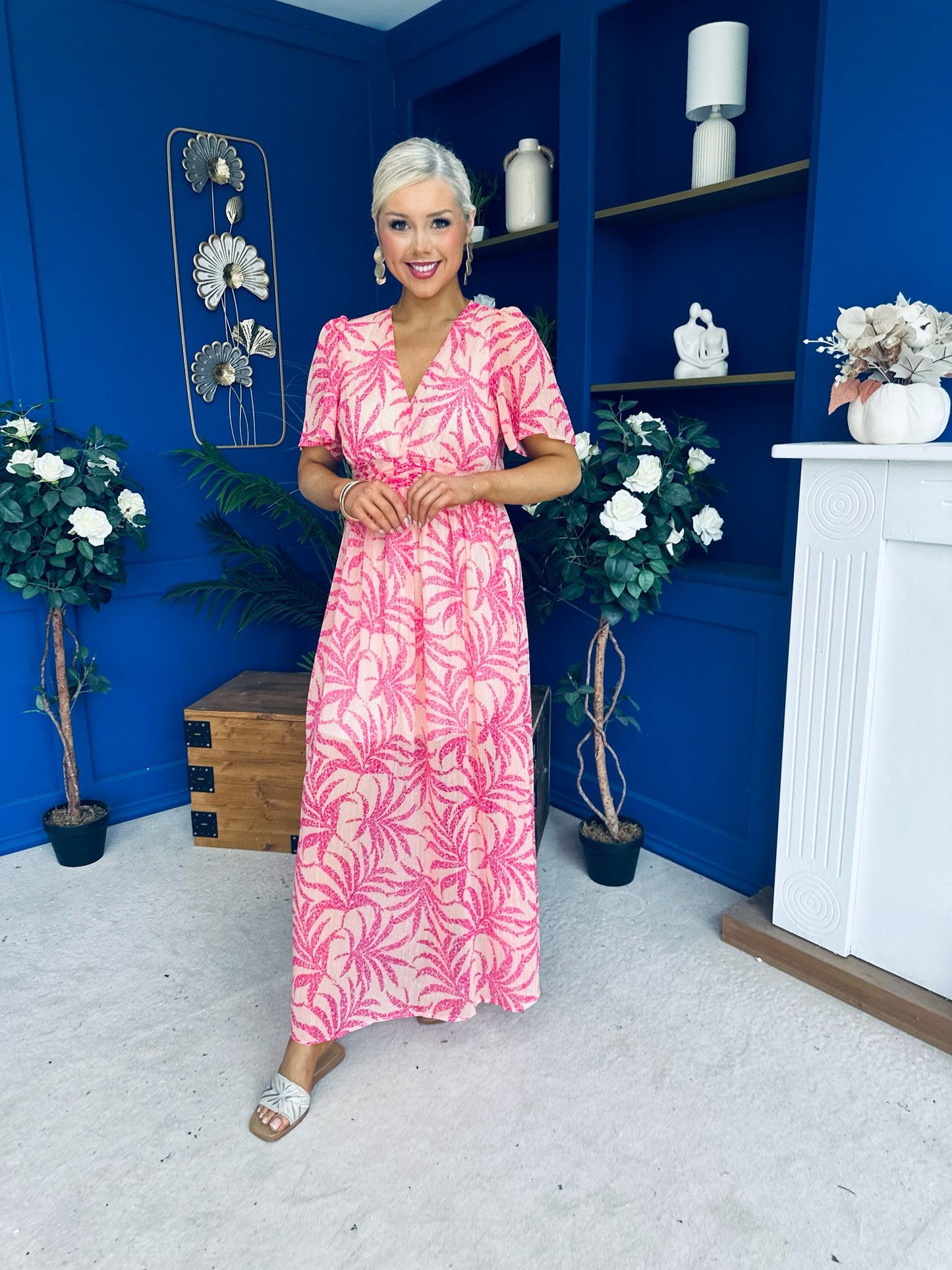 Sara Banded Midi Dress Floral Peach