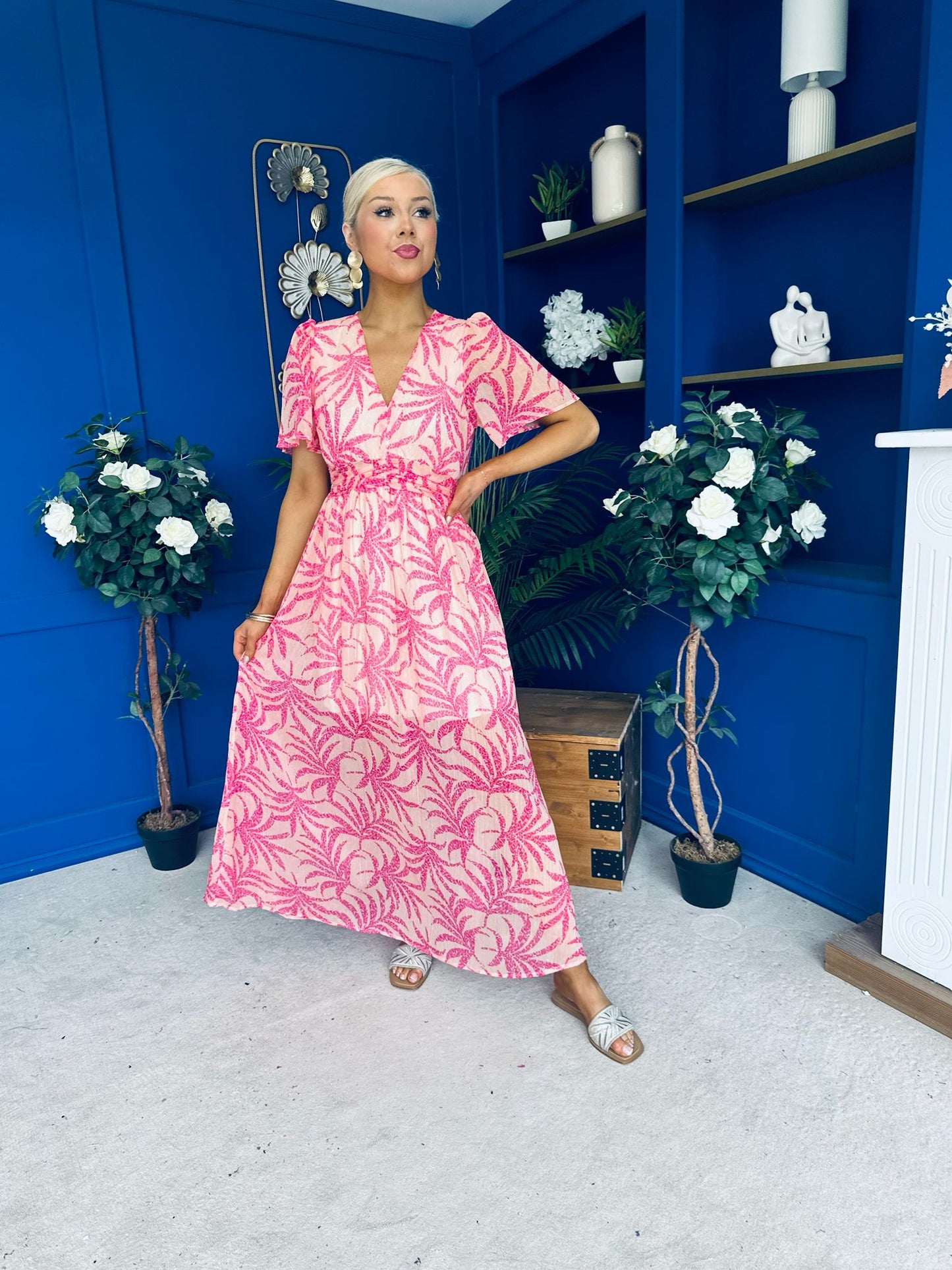 Sara Banded Midi Dress Floral Peach