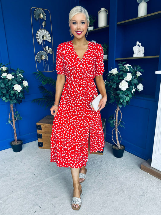 Gretta Split Leg Midi Dress Floral Red