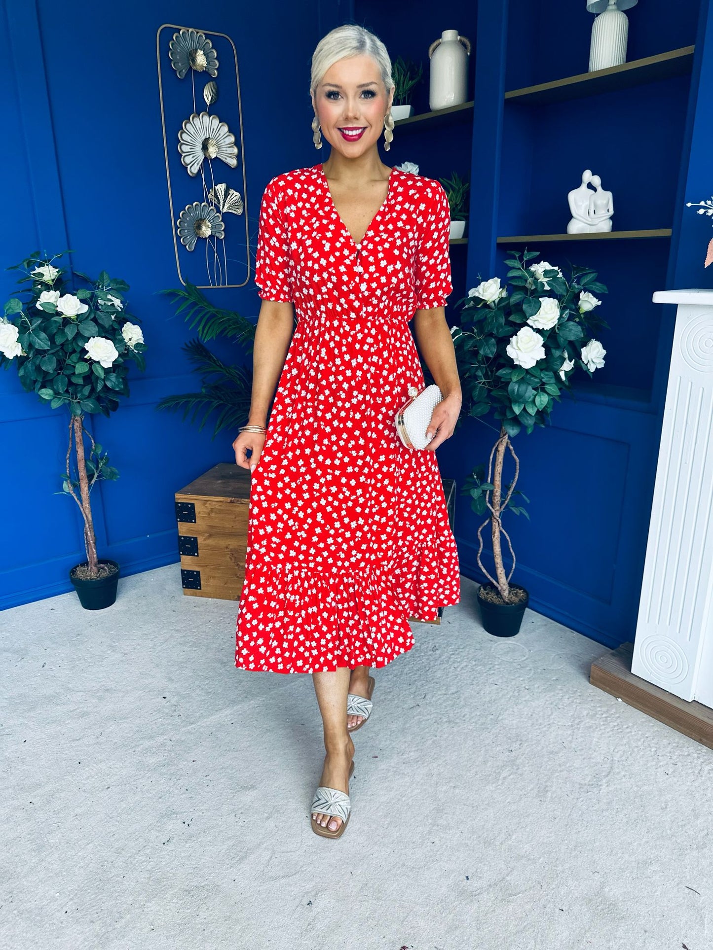 Gretta Split Leg Midi Dress Floral Red