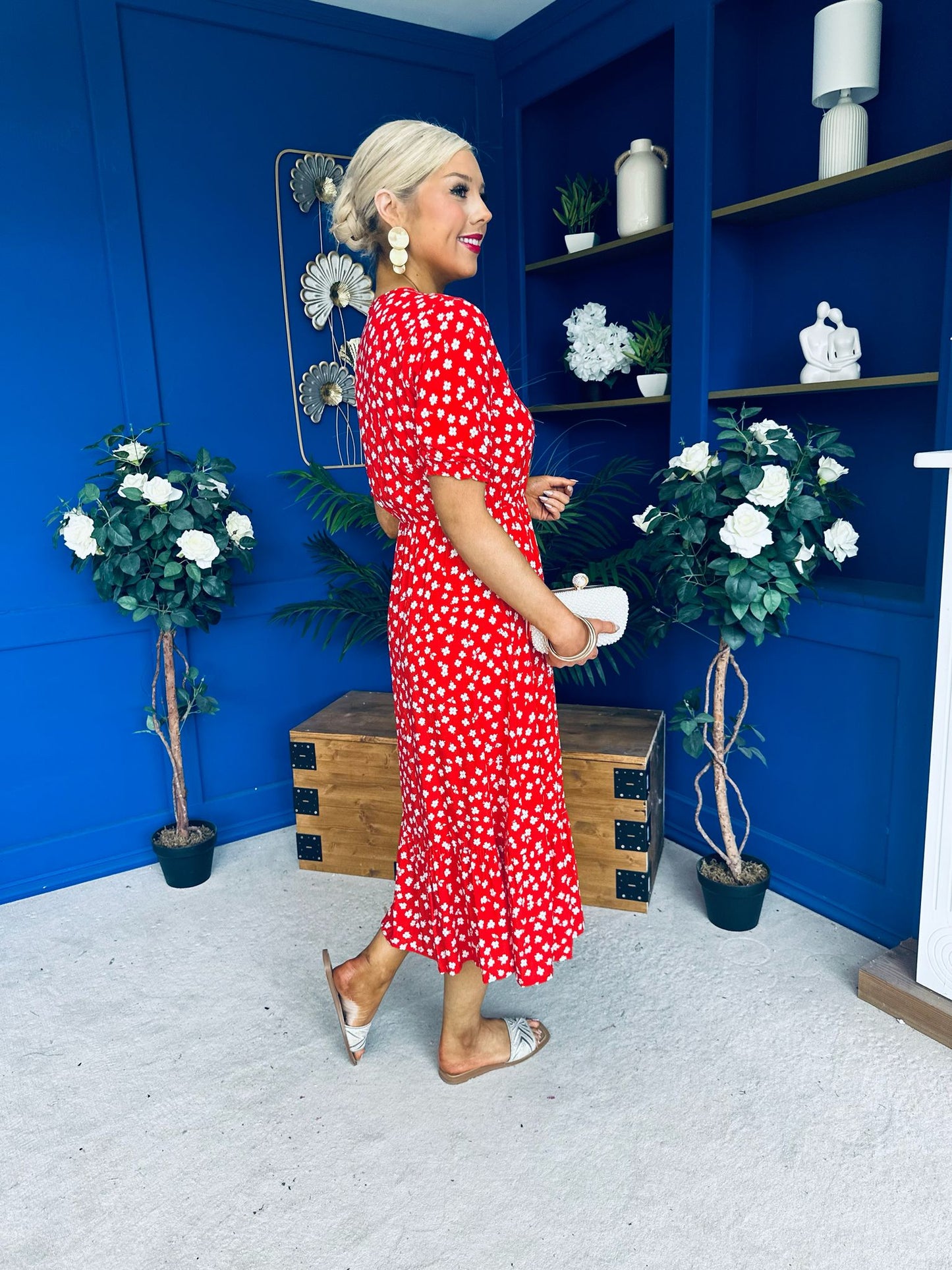 Gretta Split Leg Midi Dress Floral Red