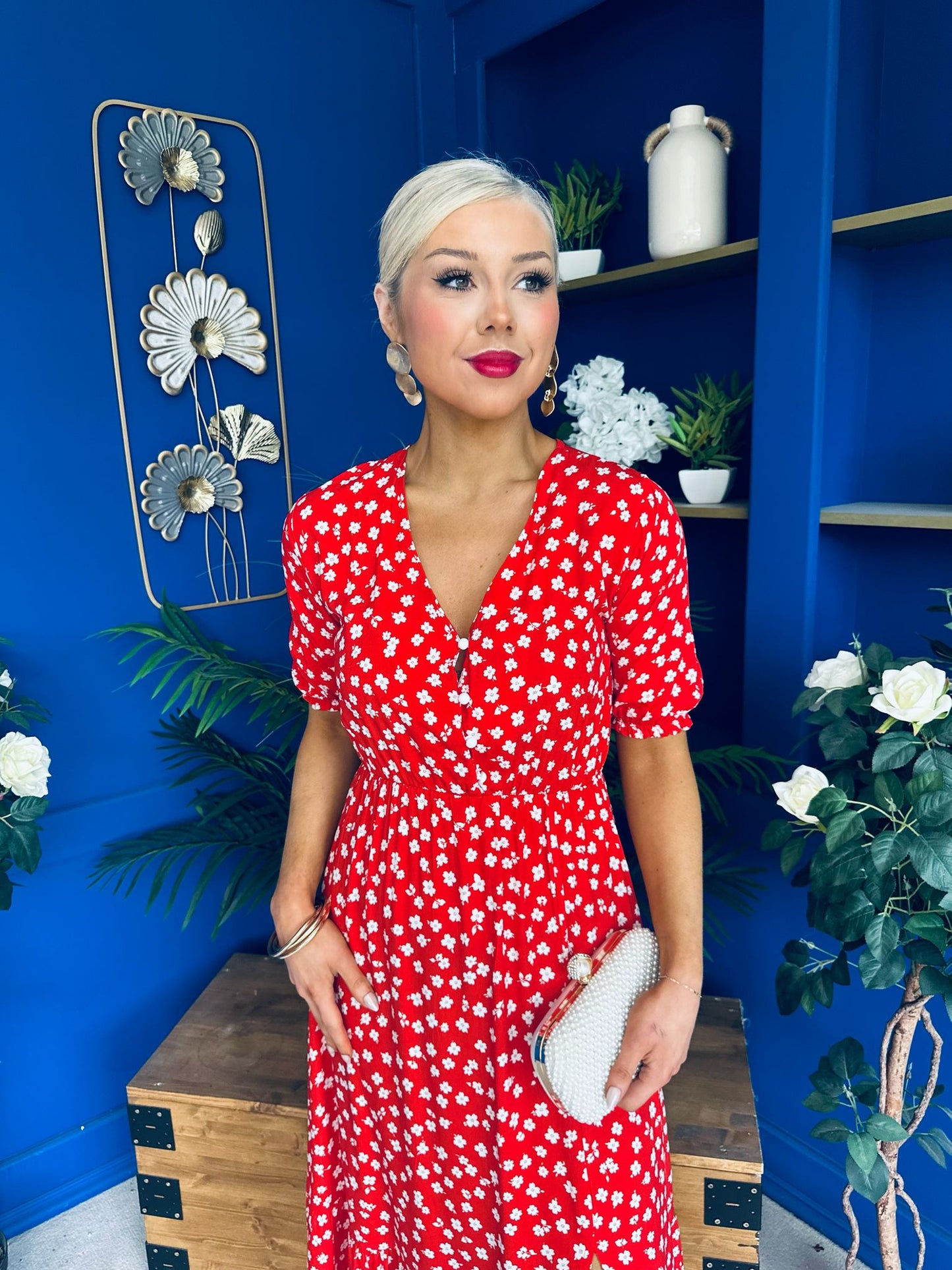 Gretta Split Leg Midi Dress Floral Red