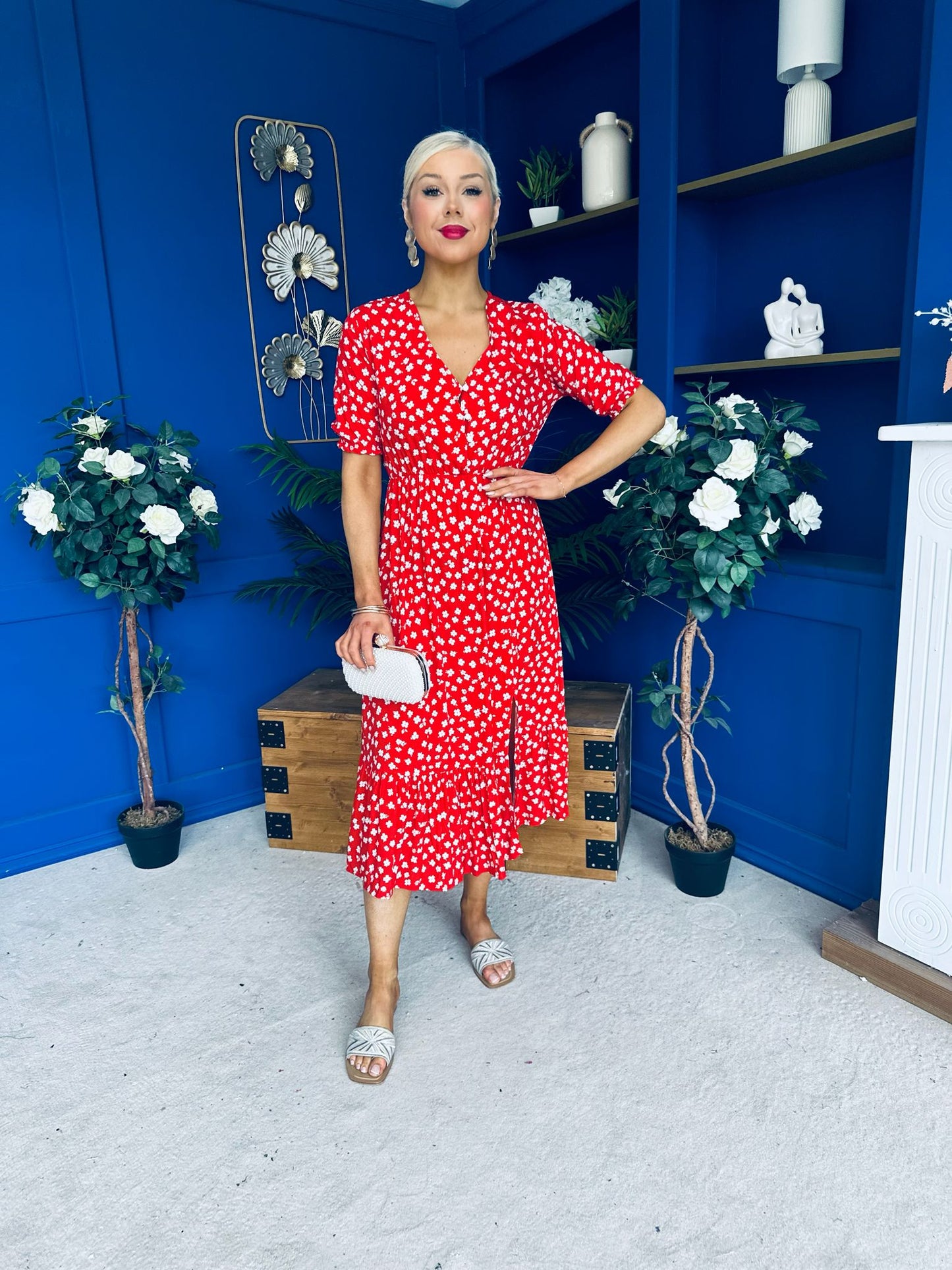 Gretta Split Leg Midi Dress Floral Red