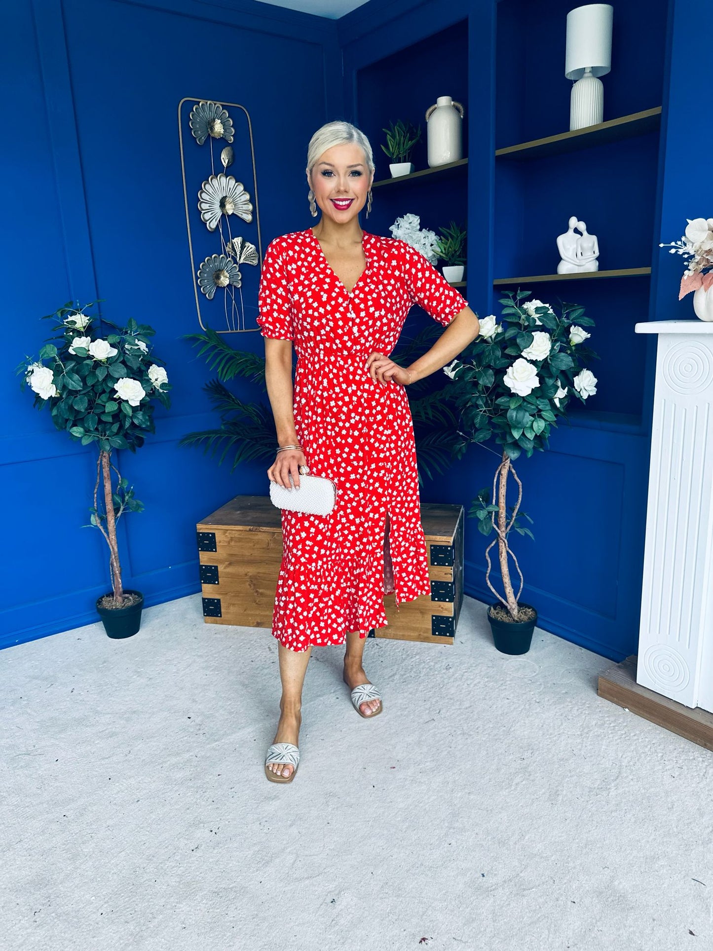 Gretta Split Leg Midi Dress Floral Red