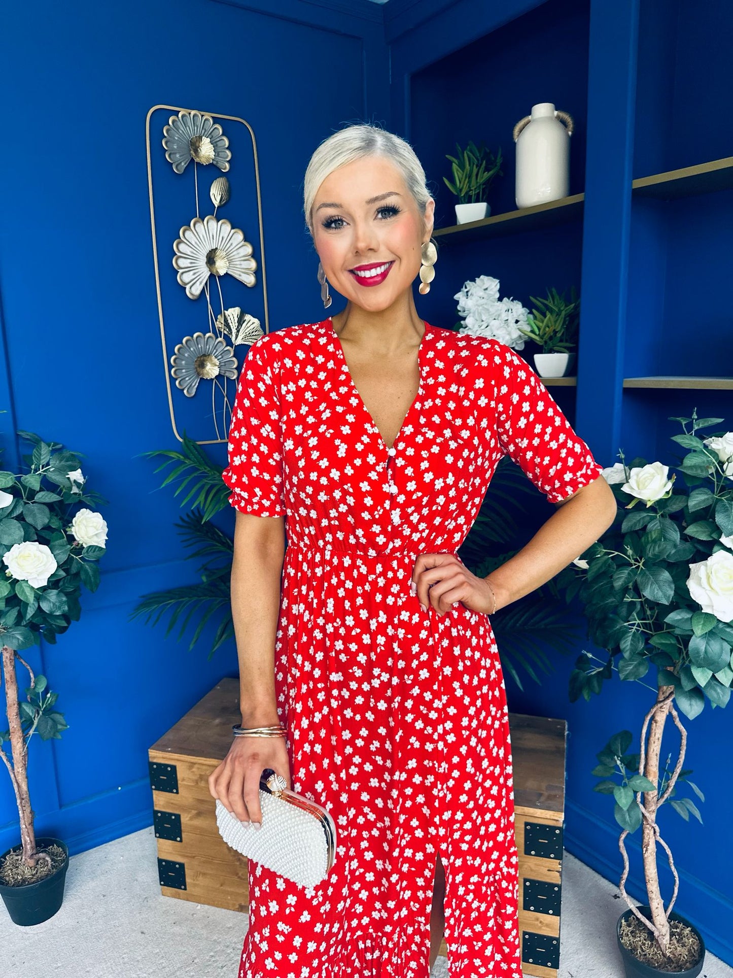Gretta Split Leg Midi Dress Floral Red