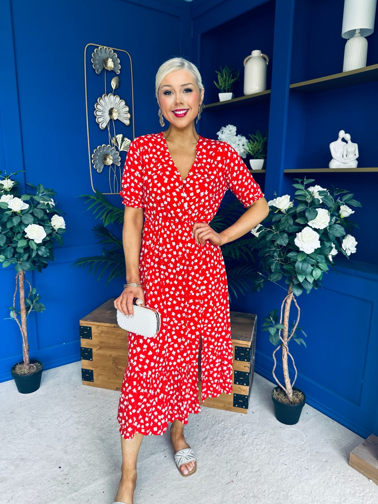 Gretta Split Leg Midi Dress Floral Red