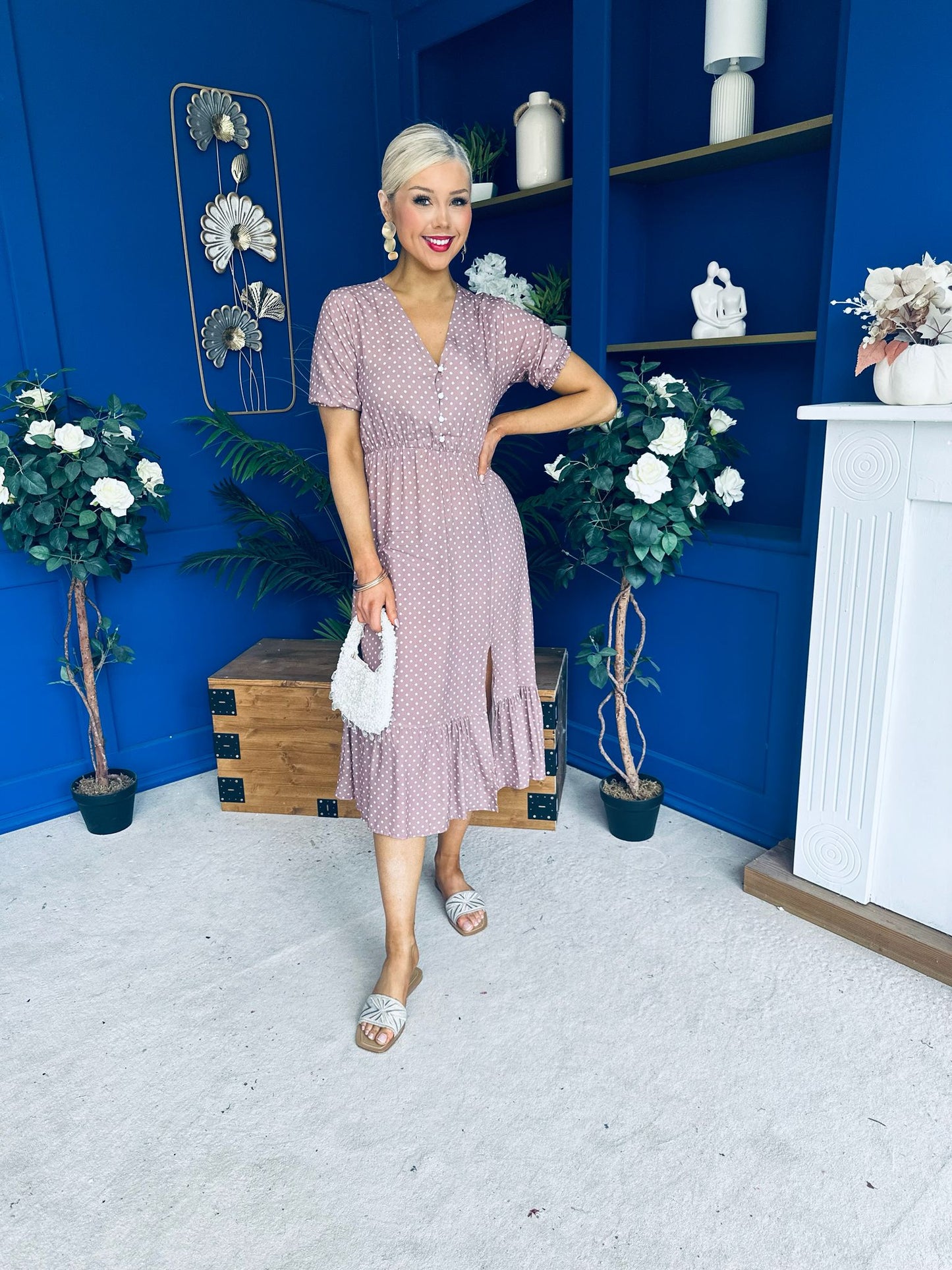 Gretta Split Leg Midi Dress Polka Taupe