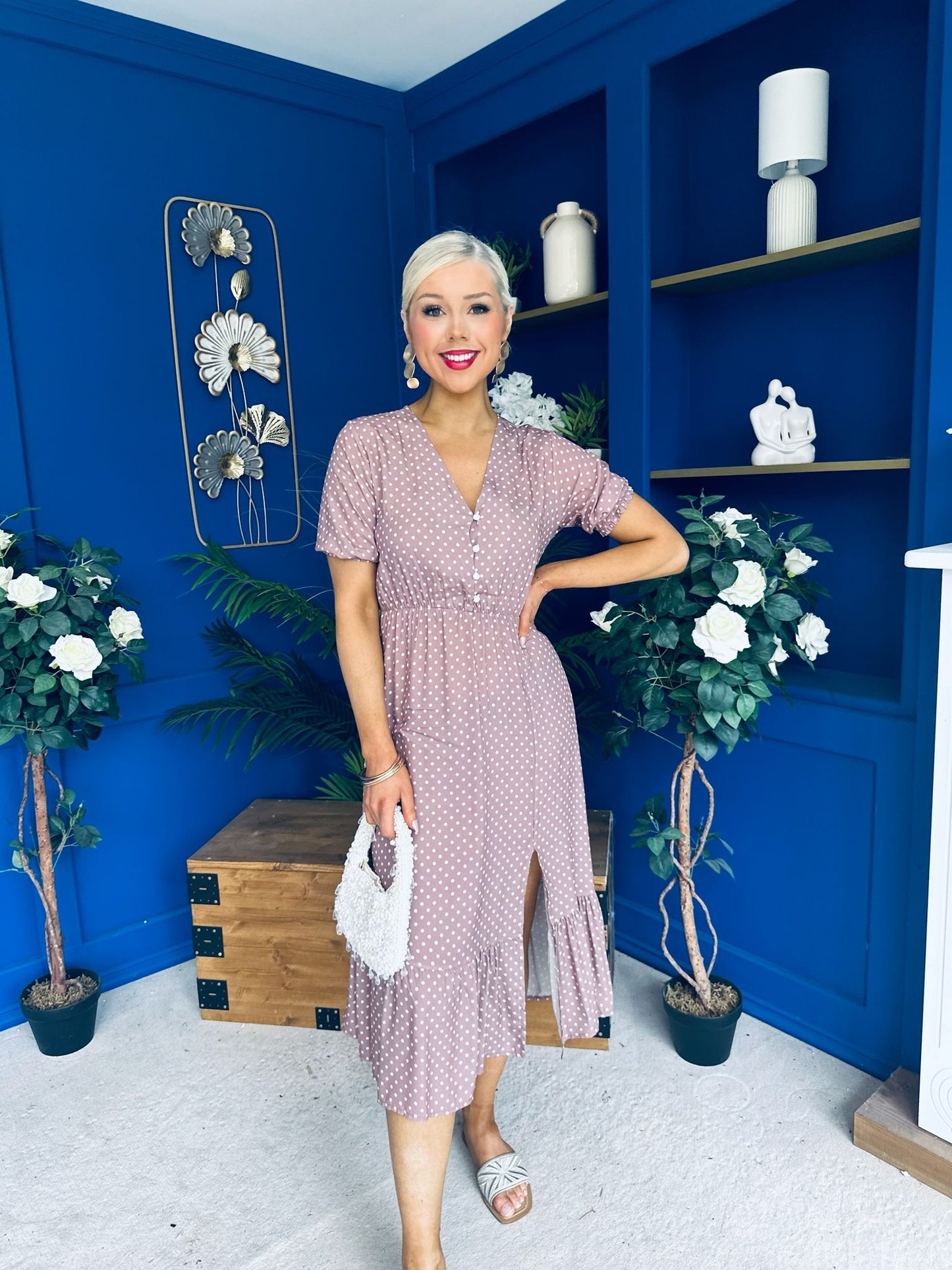 Gretta Split Leg Midi Dress Polka Taupe