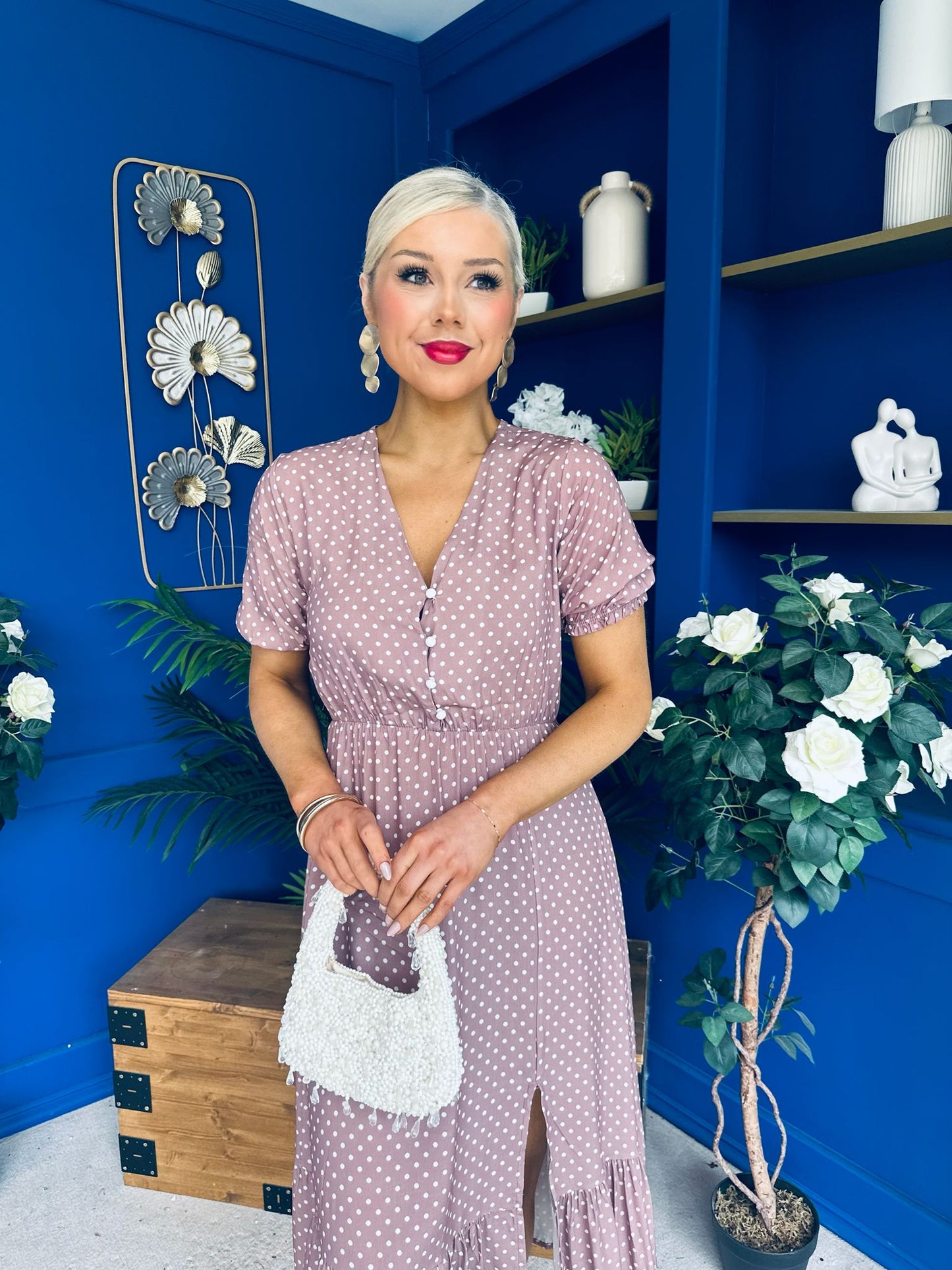 Gretta Split Leg Midi Dress Polka Taupe