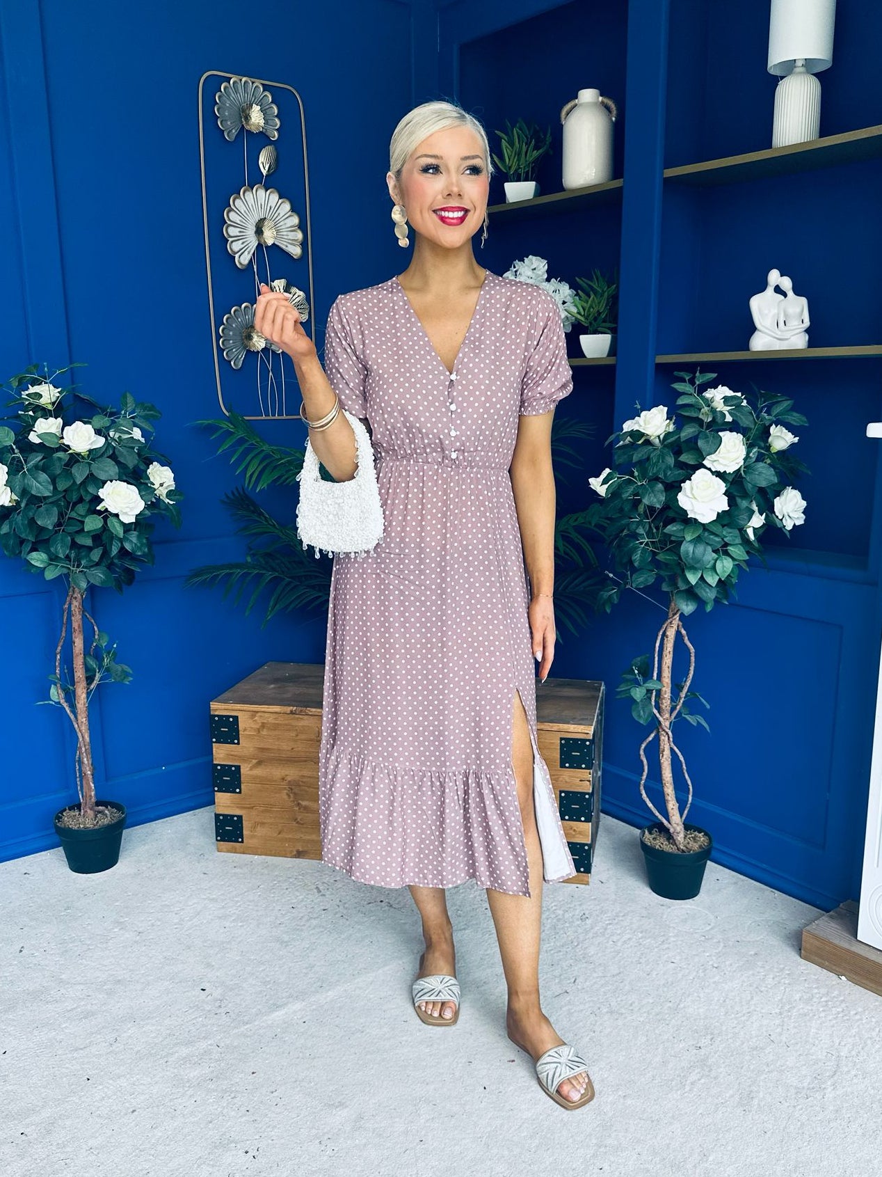 Gretta Split Leg Midi Dress Polka Taupe