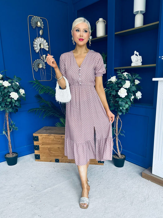 Gretta Split Leg Midi Dress Polka Taupe
