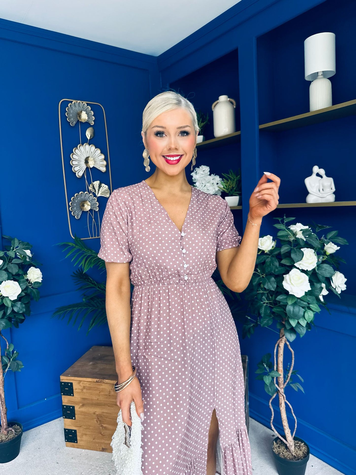 Gretta Split Leg Midi Dress Polka Taupe