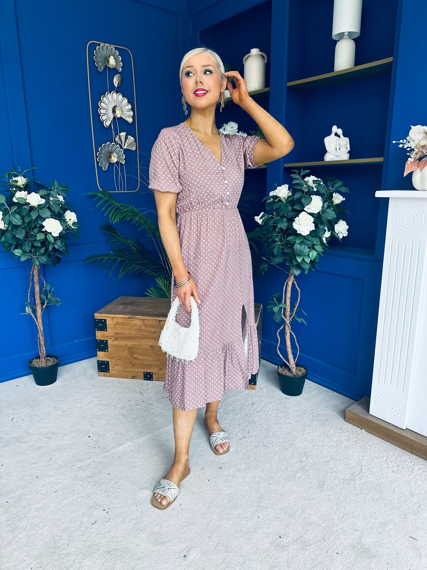 Gretta Split Leg Midi Dress Polka Taupe