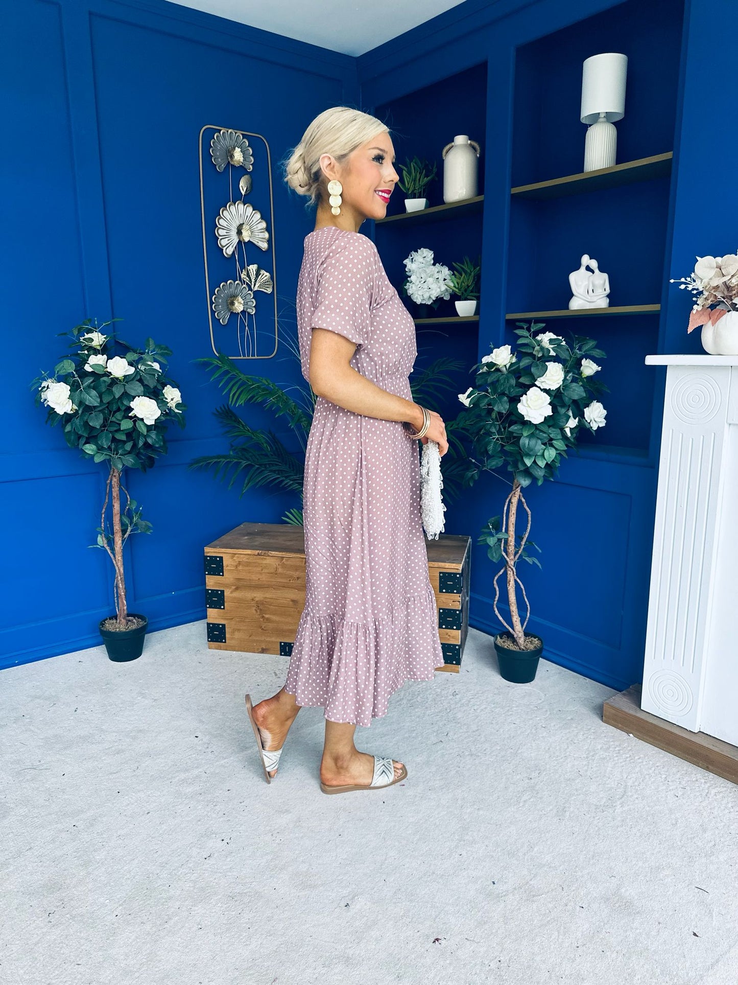 Gretta Split Leg Midi Dress Polka Taupe
