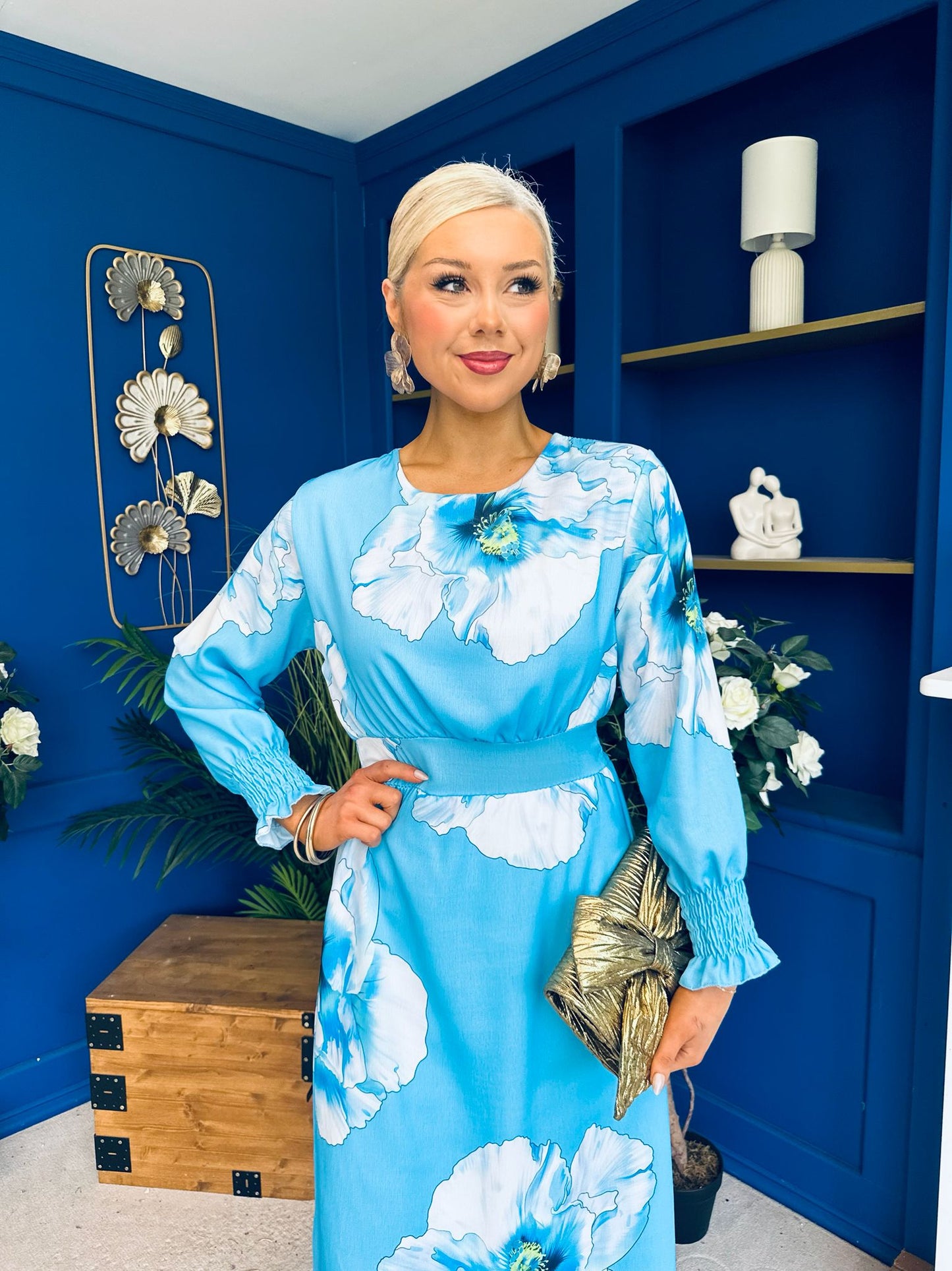 Mollie Banded Midi Dress Floral Sky
