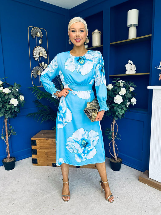 Mollie Banded Midi Dress Floral Sky