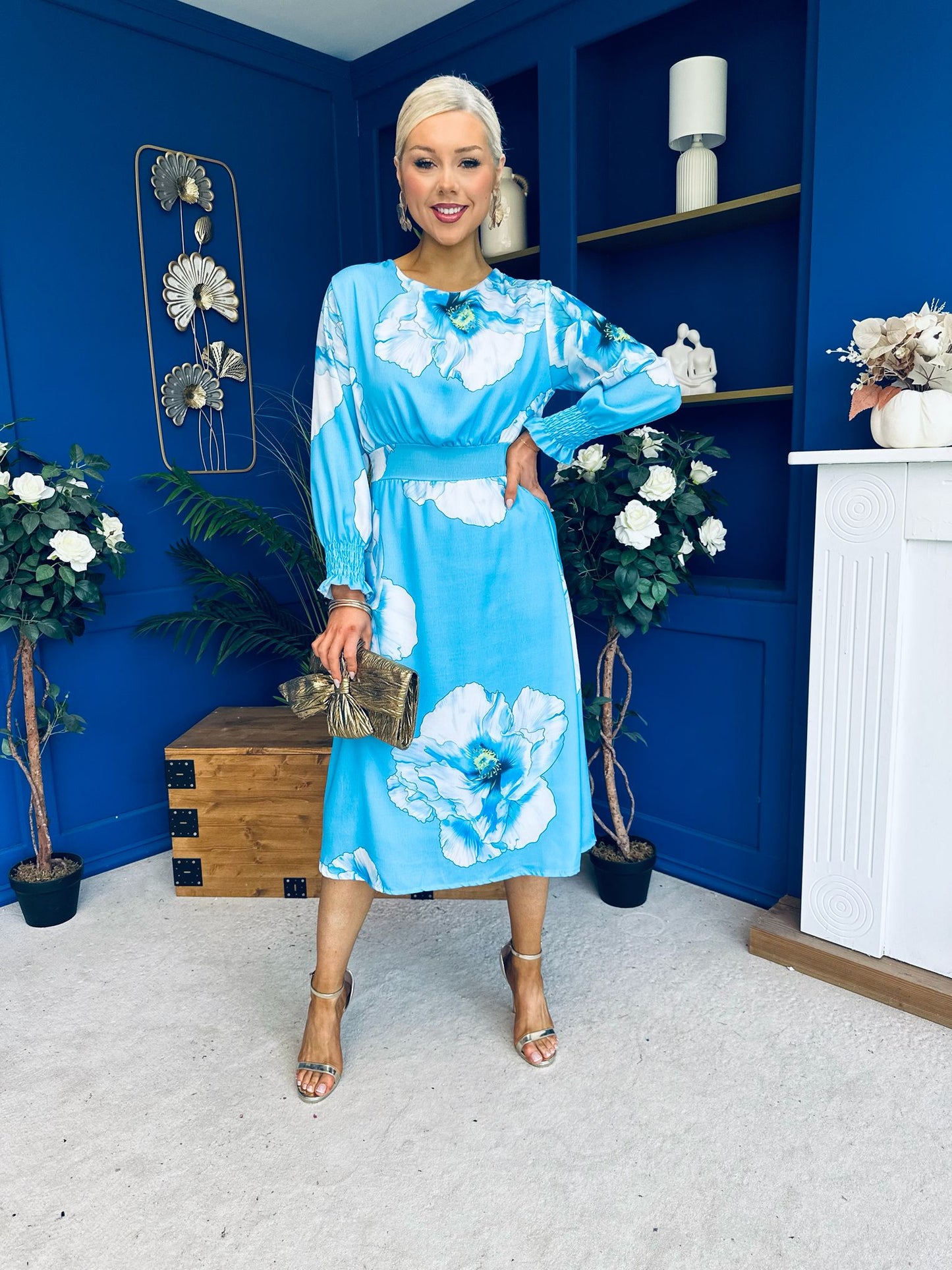 Mollie Banded Midi Dress Floral Sky