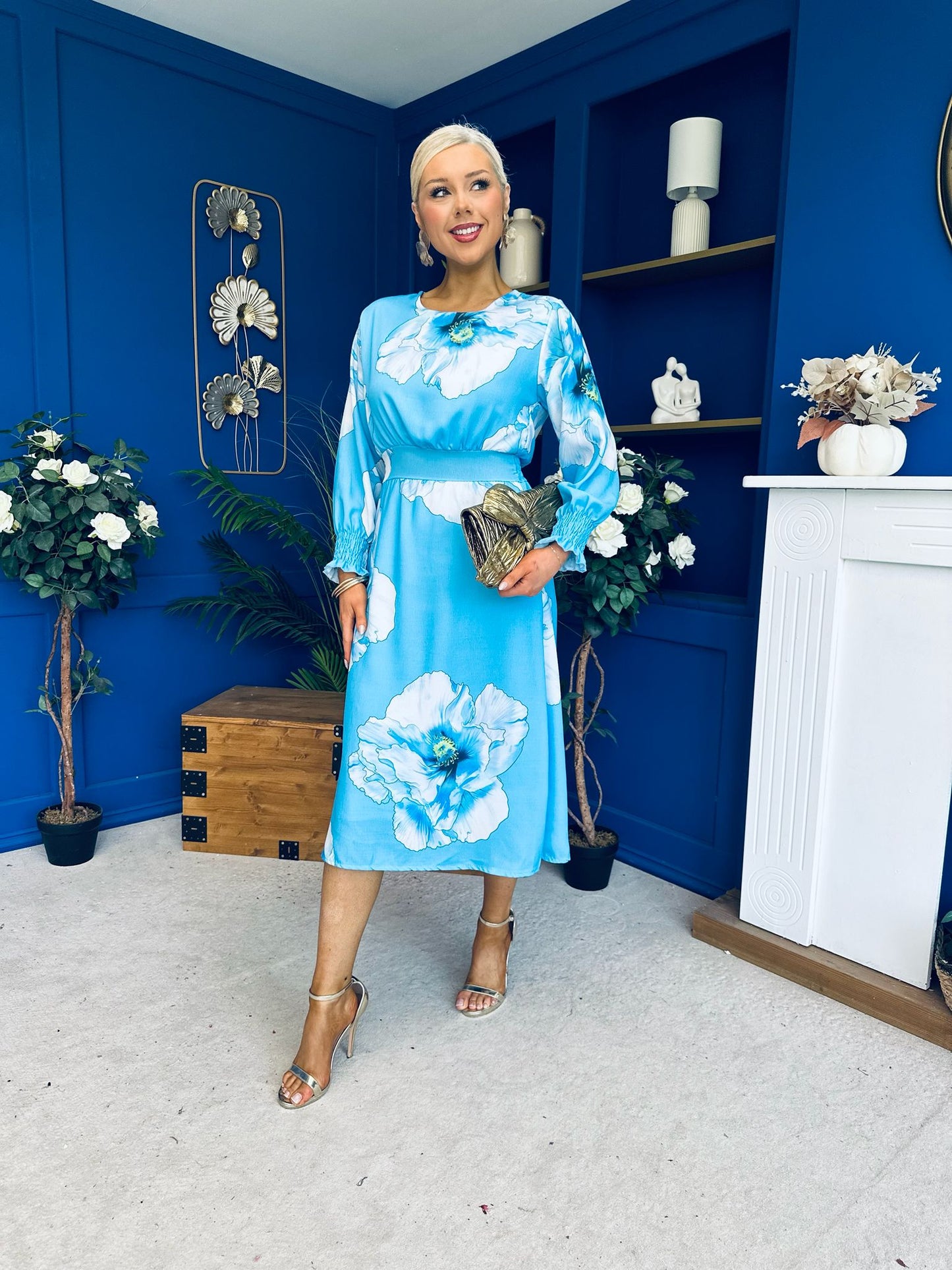 Mollie Banded Midi Dress Floral Sky