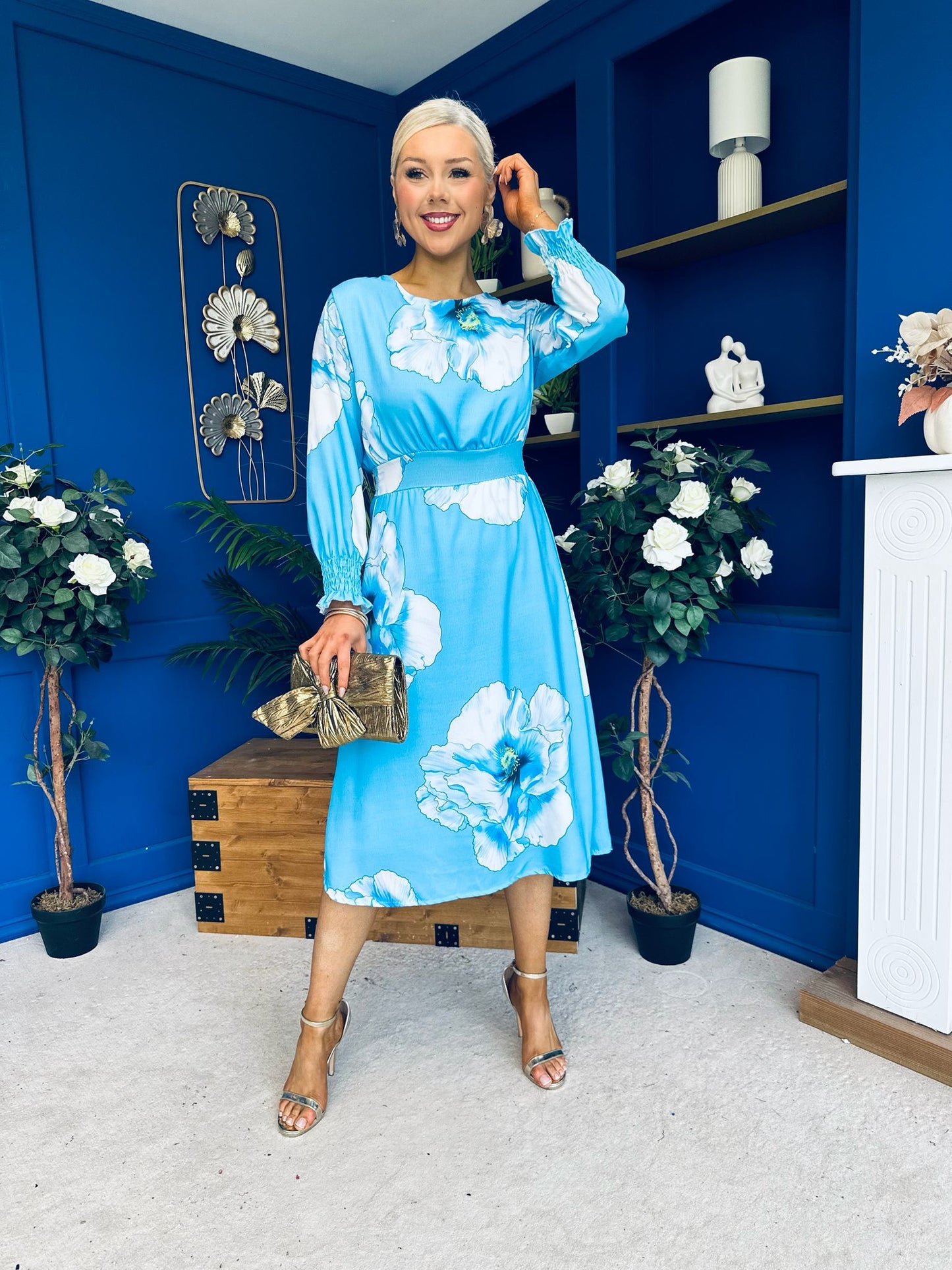 Mollie Banded Midi Dress Floral Sky