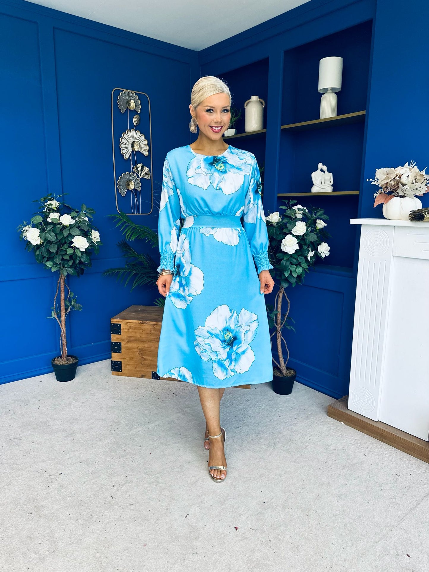Mollie Banded Midi Dress Floral Sky