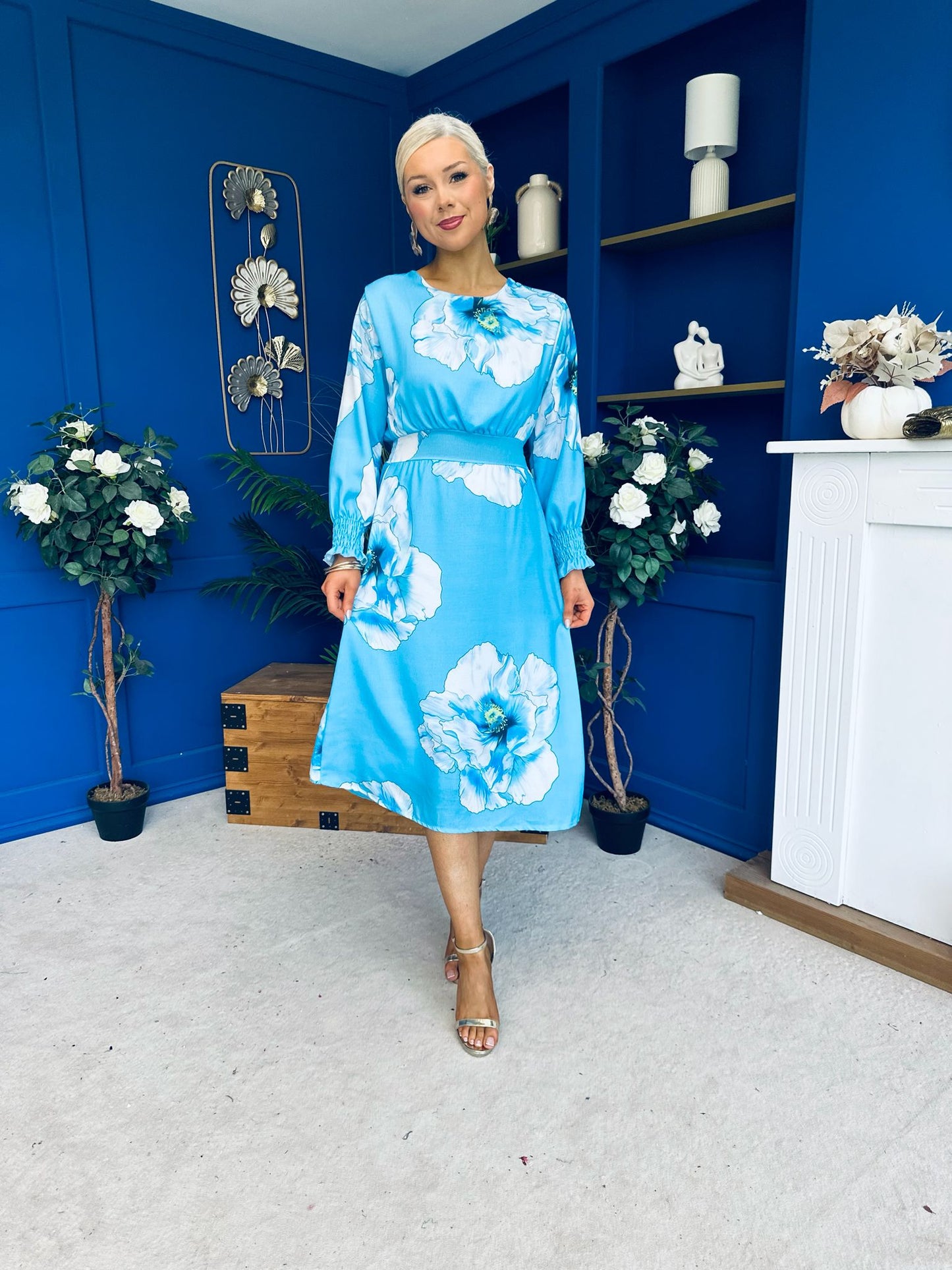 Mollie Banded Midi Dress Floral Sky
