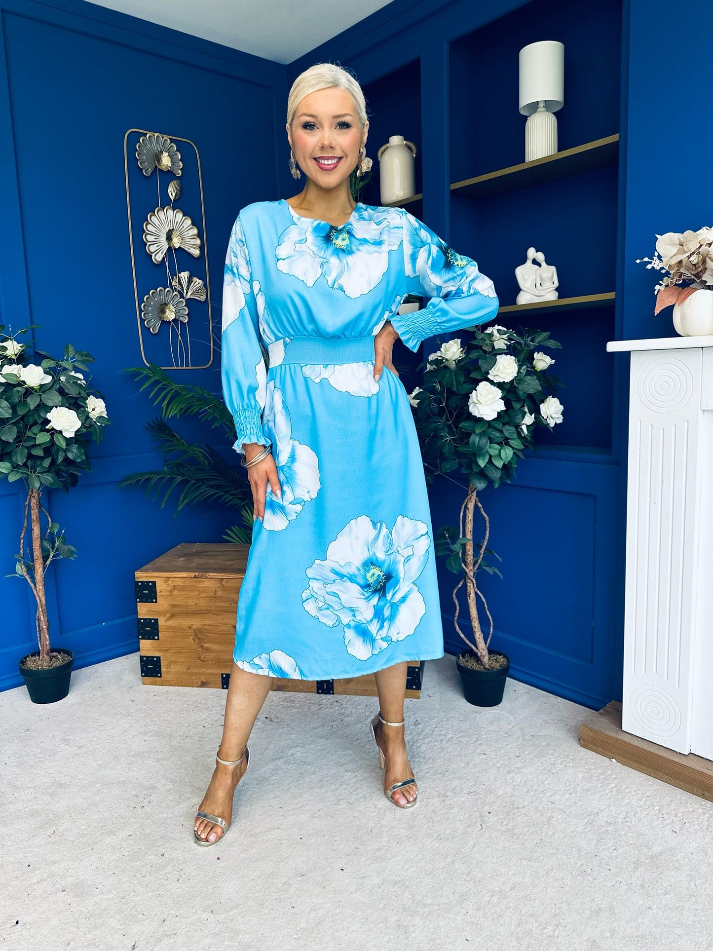 Mollie Banded Midi Dress Floral Sky