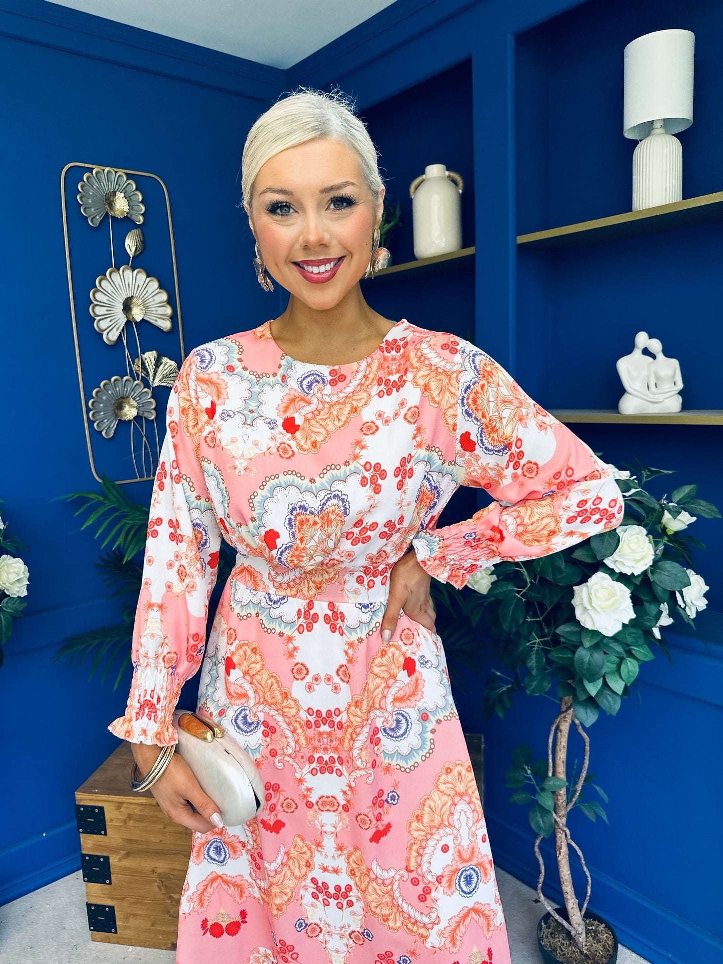 Mollie Banded Midi Dress Paisley Peach