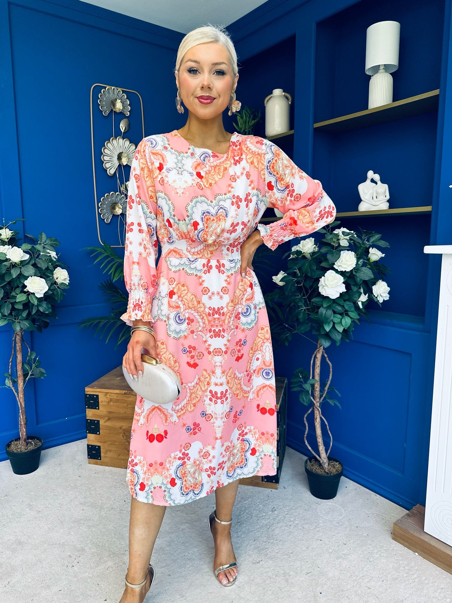 Mollie Banded Midi Dress Paisley Peach