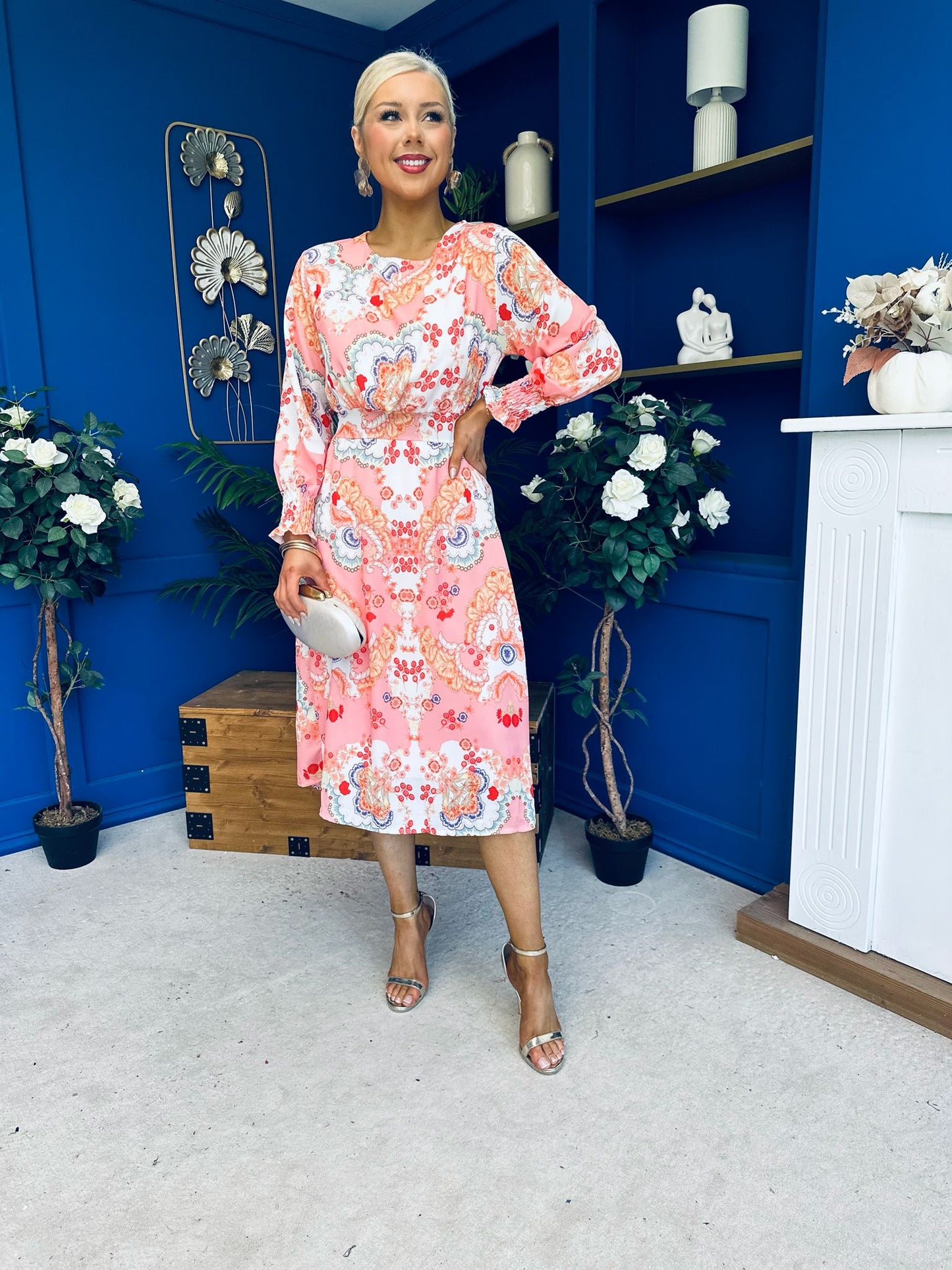 Mollie Banded Midi Dress Paisley Peach