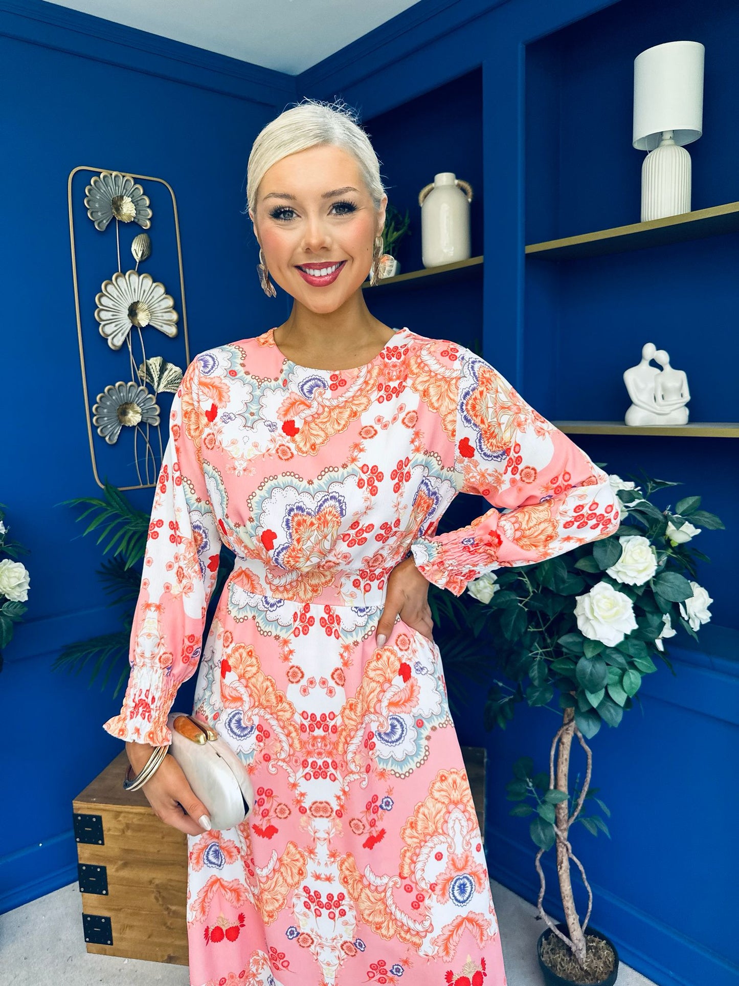 Mollie Banded Midi Dress Paisley Peach