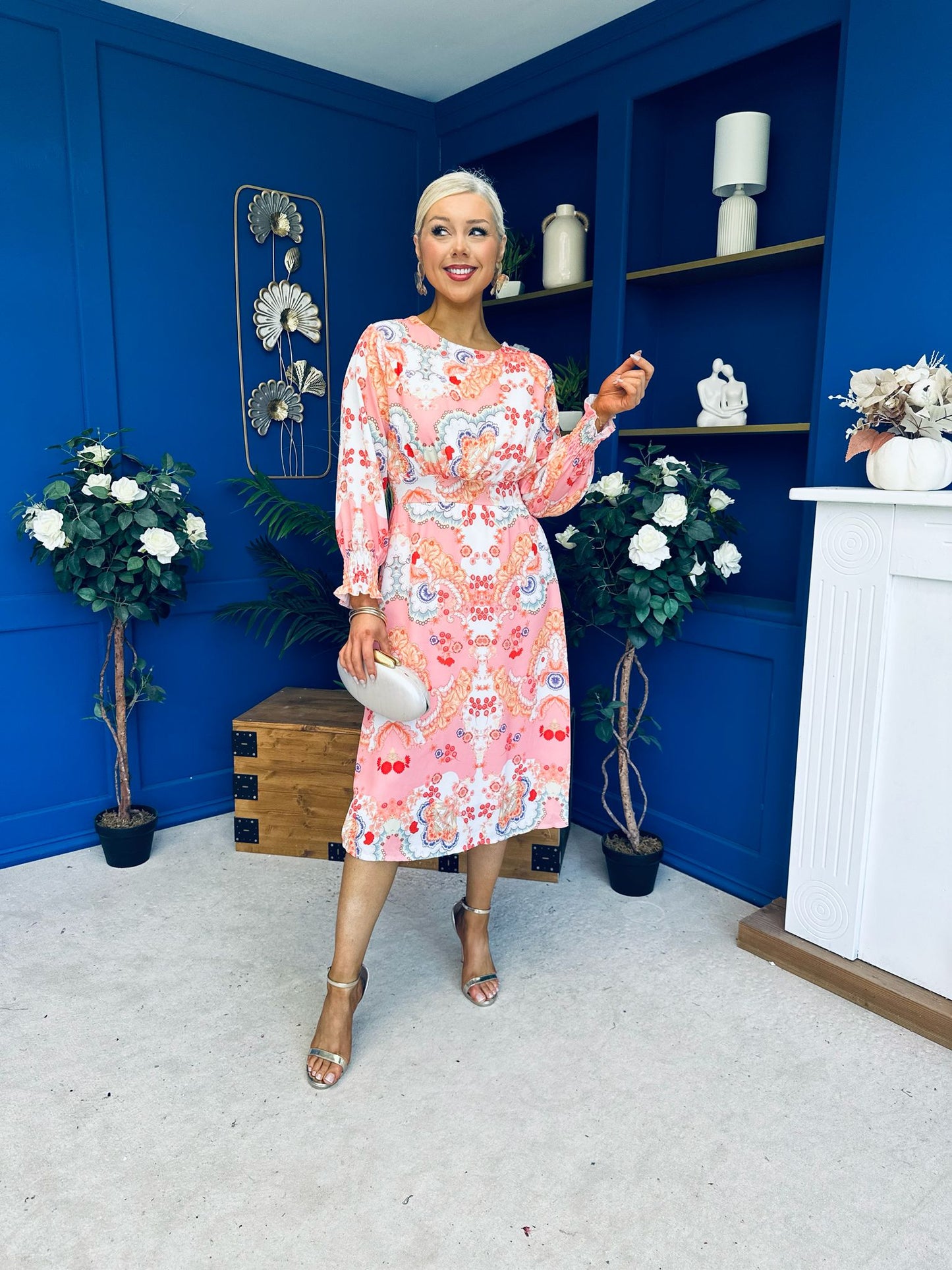Mollie Banded Midi Dress Paisley Peach