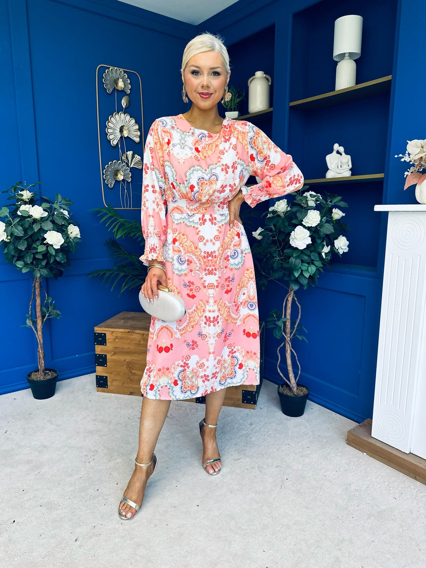 Mollie Banded Midi Dress Paisley Peach